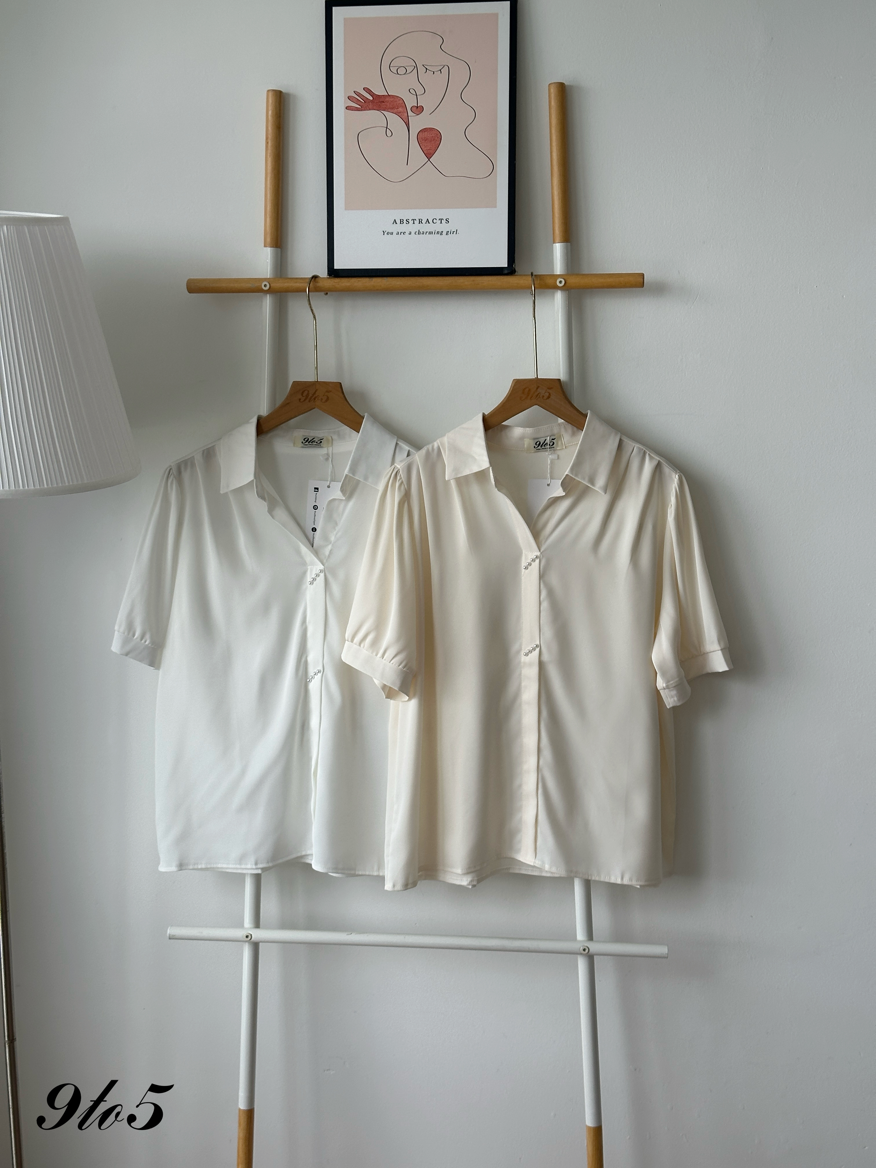T4327 Puff Sleeve Pearls Detail Shirt - Cream & White