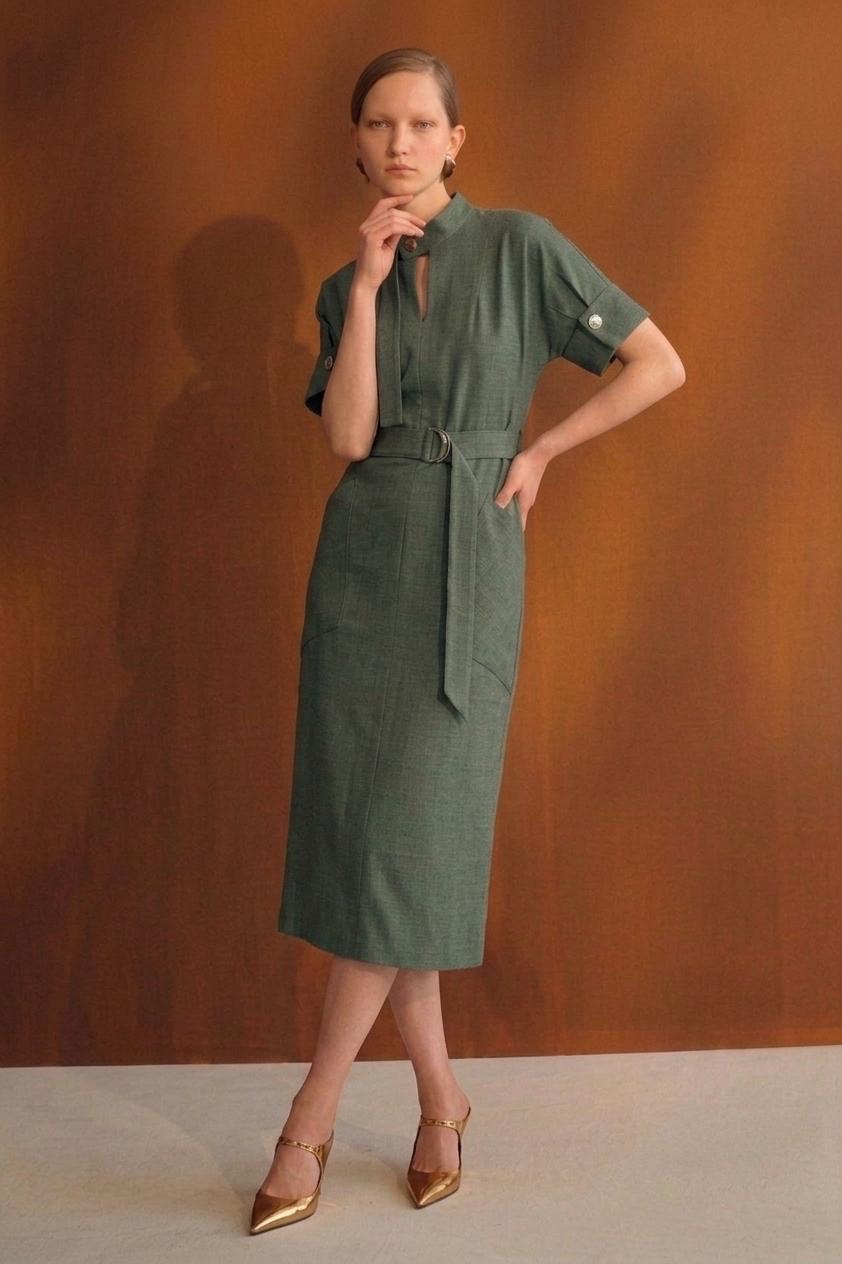 E8274BD Belted Mandarin Collar Dress