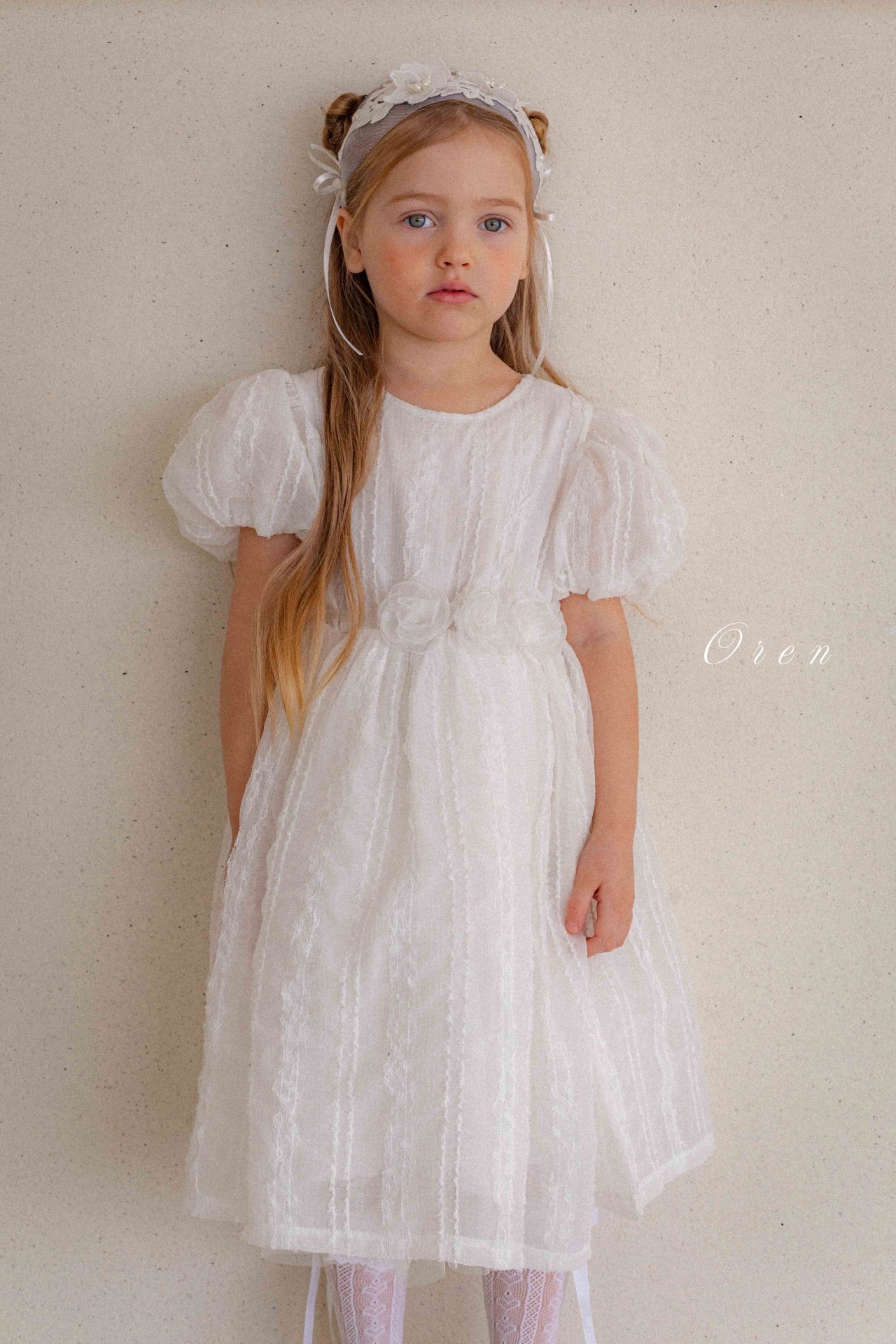 ☀️預訂 韓國直送☀️🇰🇷Oren Edel Pure蕾絲紋理花卉腰帶泡泡袖包屁裙/連身裙