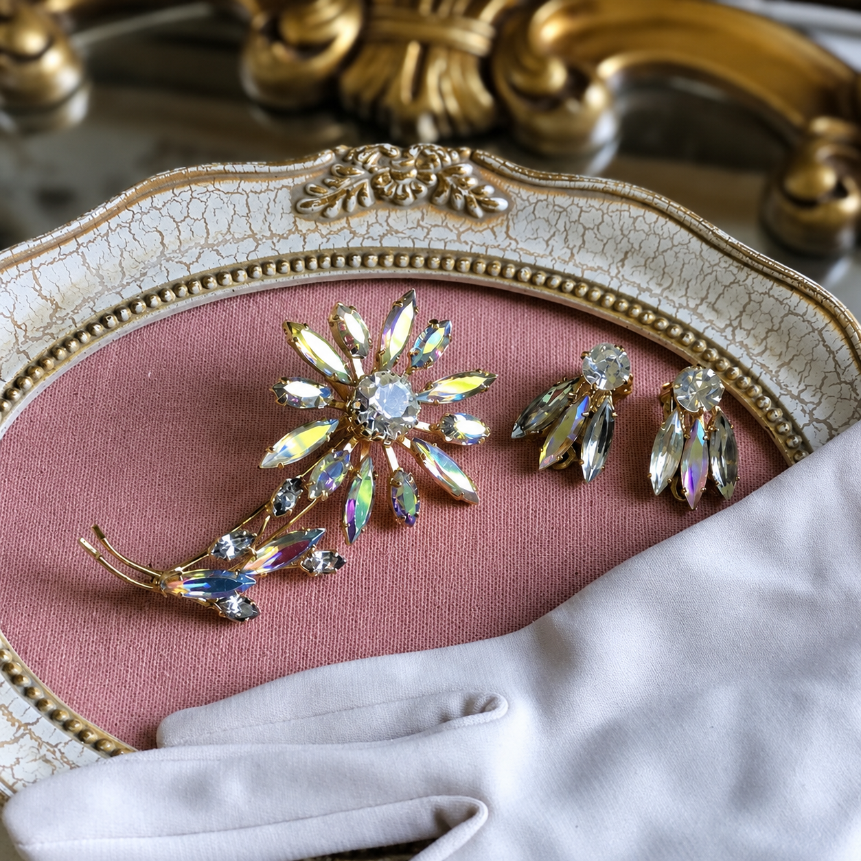Vintage C.a. 1960s Aurora Borealis Flower with Set Jewelry Set - Brooch & Clip Earrings Set (MT1311)
