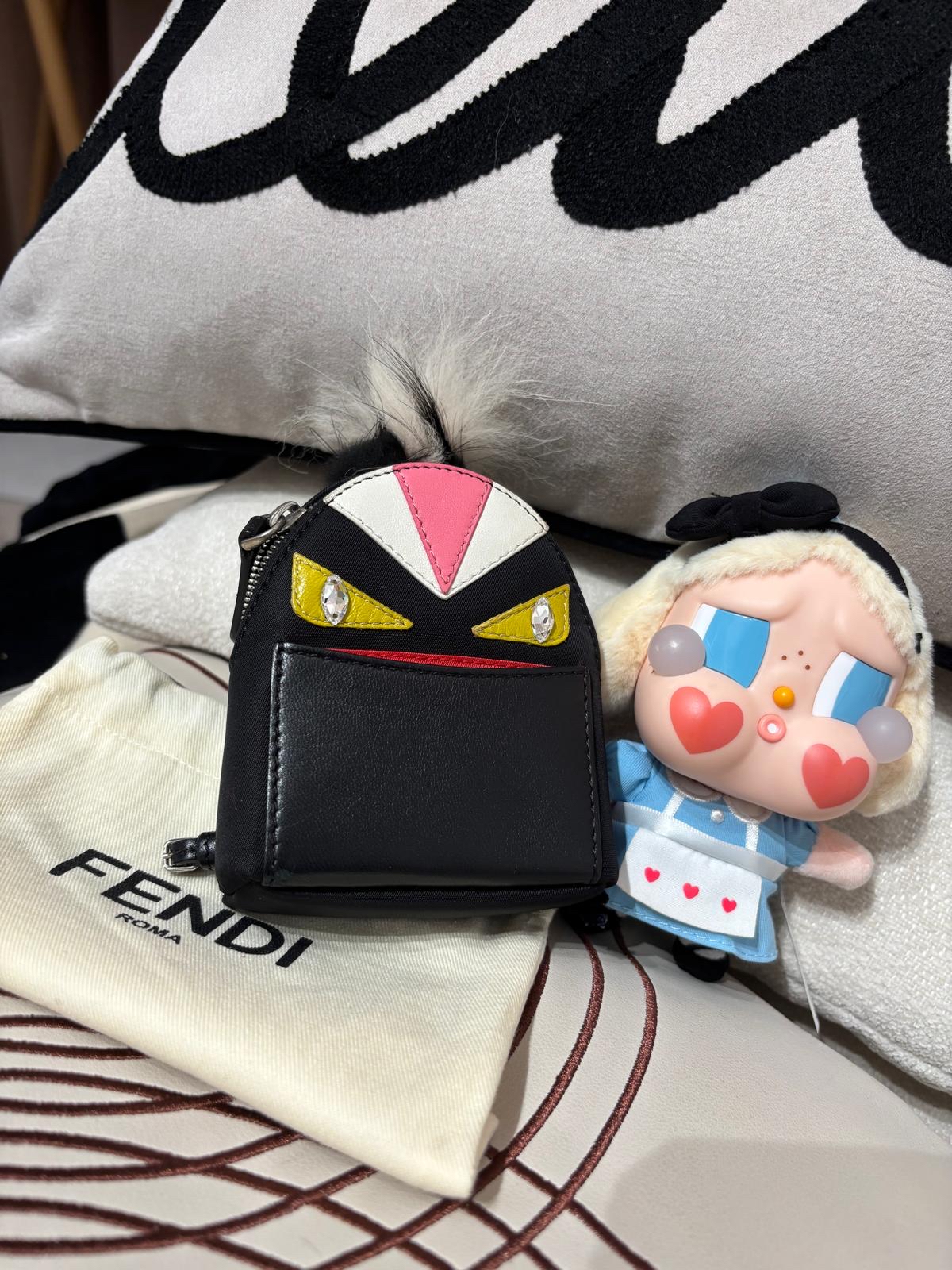FENDI FUR MONSTER BACKPACK CHARM BLACK NYLON  100%Authentic,98%new✅dust bag  