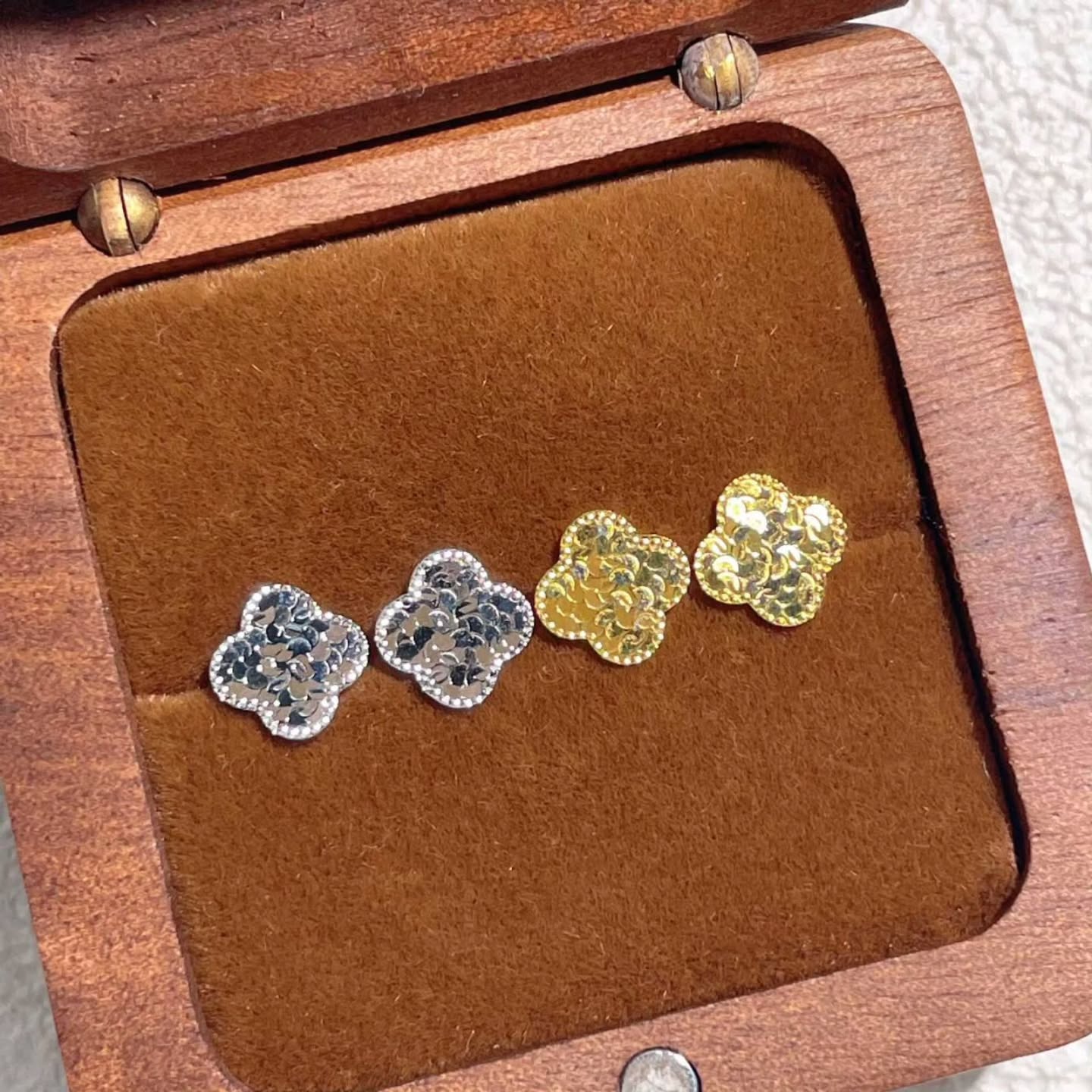 S925银碎冰冰四叶草耳钉女 🇨🇳