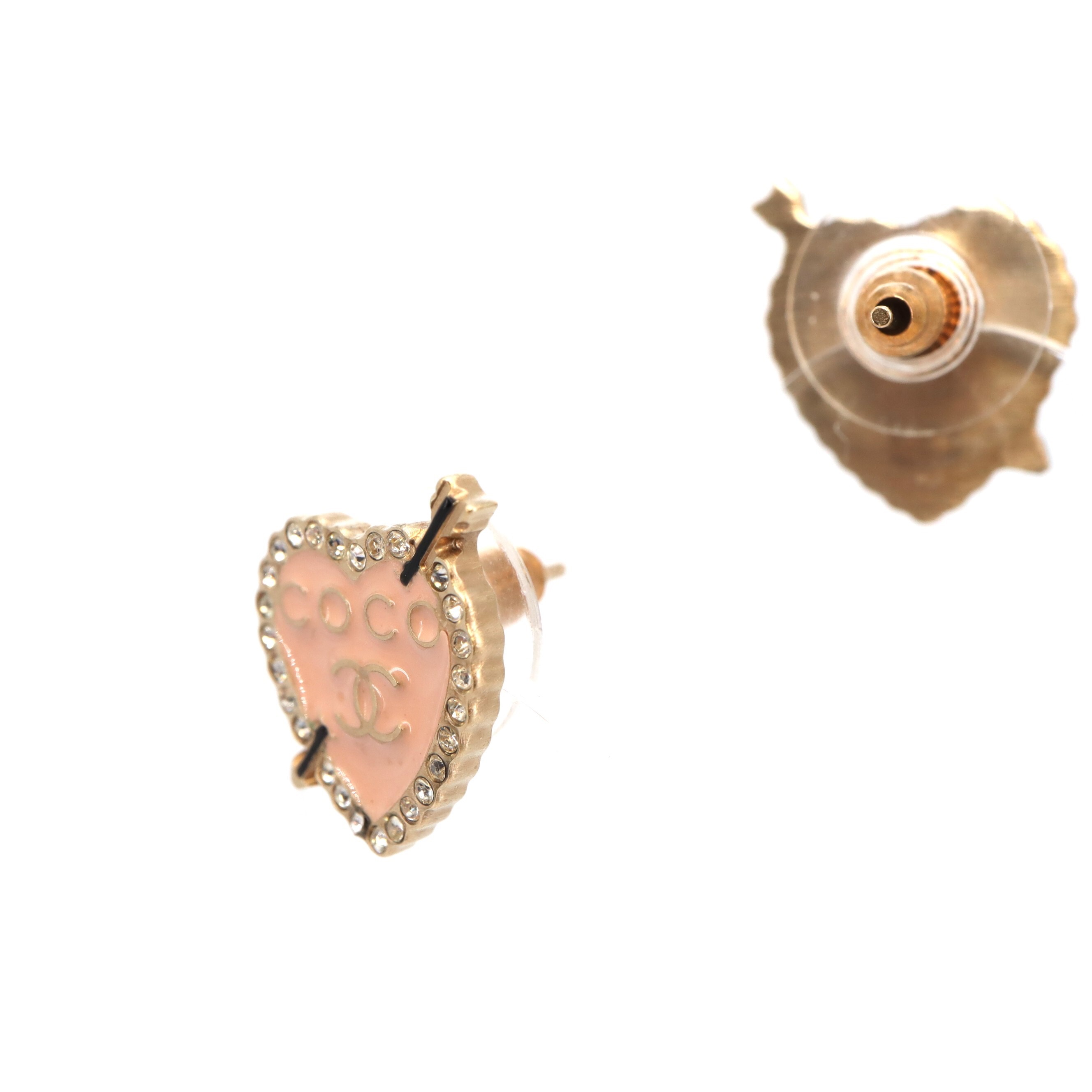 Chanel Coco Mark Enamel Rhinestone Heart Piercing Earrings