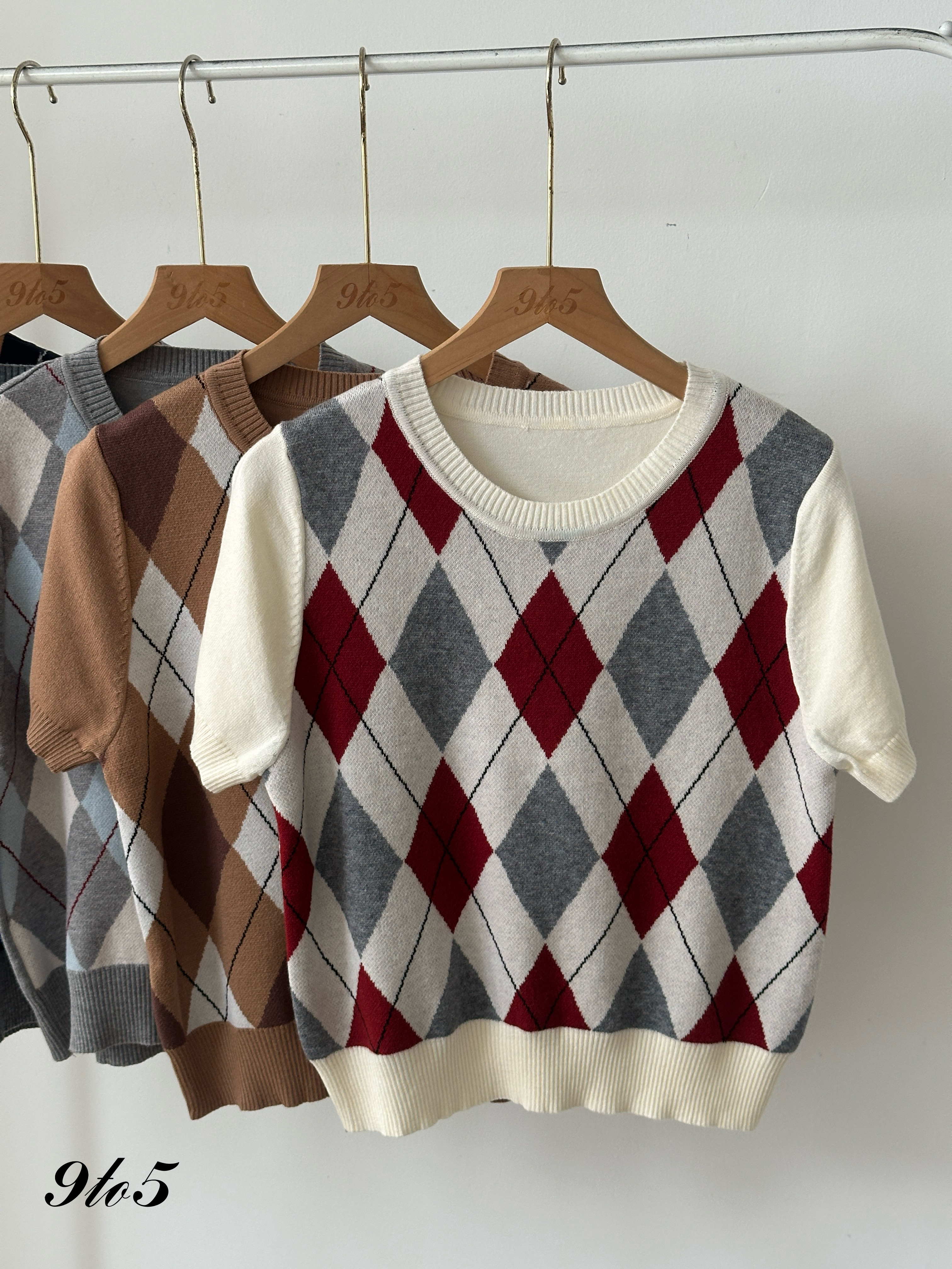 T4005 Argyle Knit Short Sleeve Top - 5 Colors 