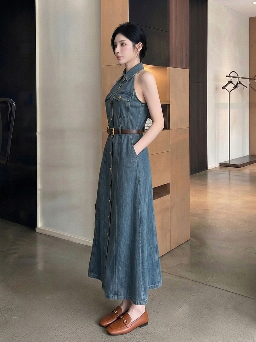 Halter Denim Midi Dress M237