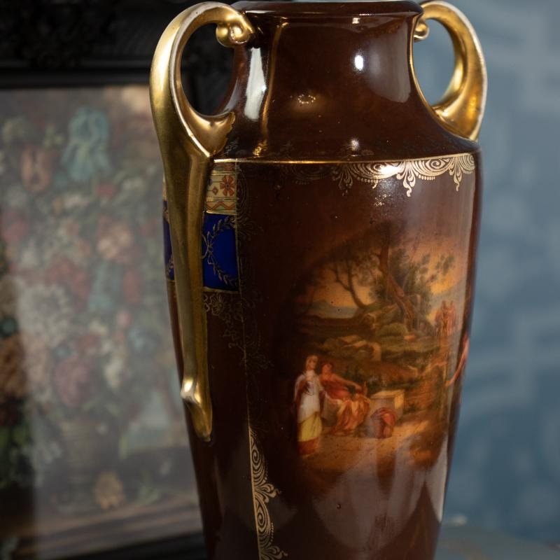 Vintage Mid-Century Czechoslovakian Renaissance Painting Style Porcelain Vase Pair - H16cm/H12.5cm (MW105 & 106)