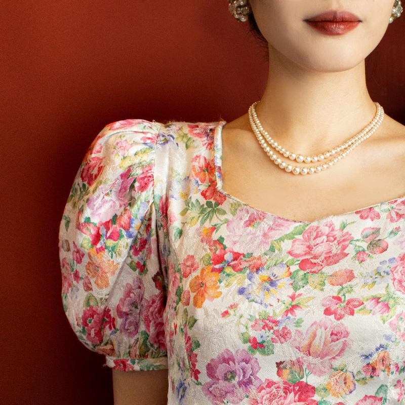 Vintage 1980s Romantic Pink Rose Princess Ankle Length Dress(MT1027)