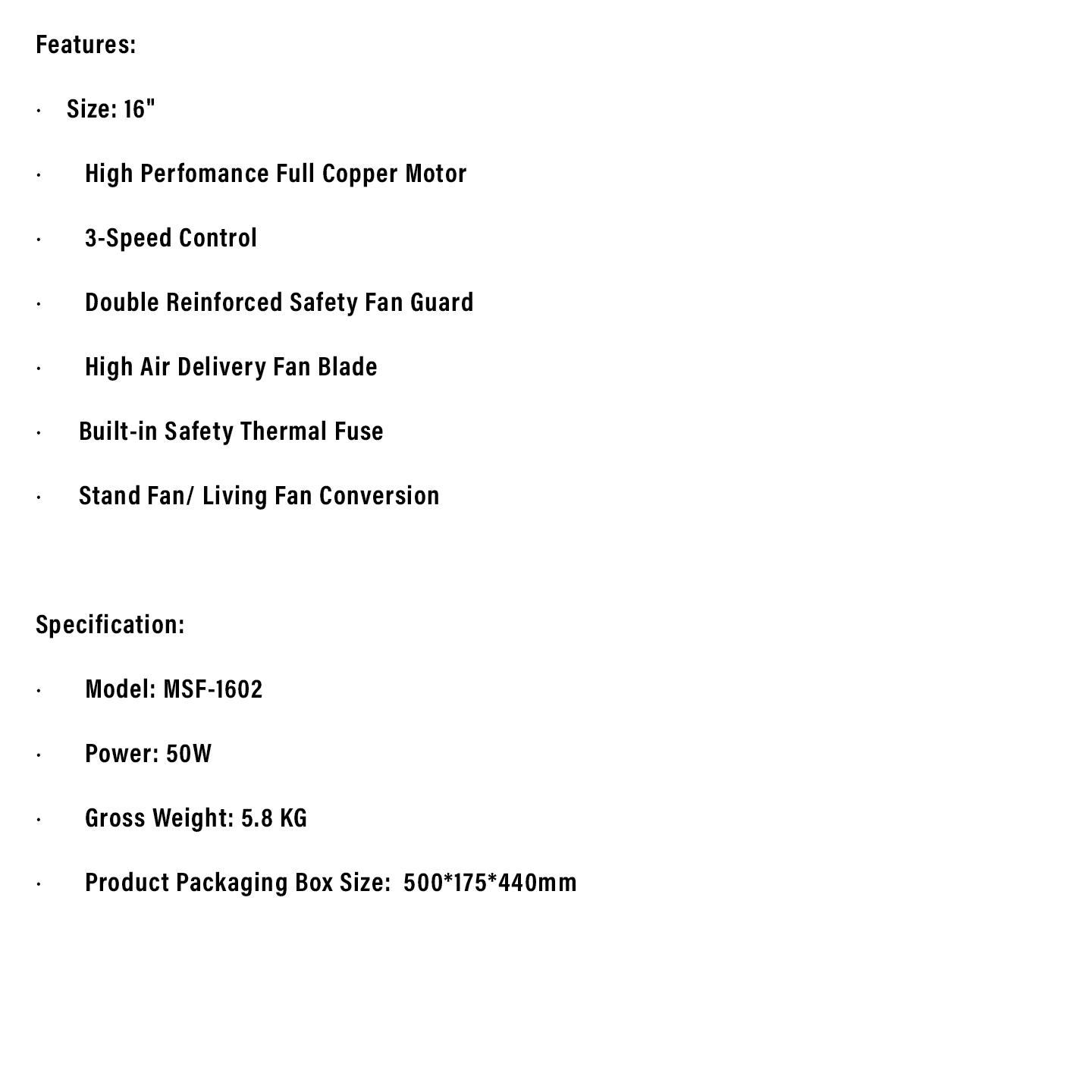 Milux 16" 3-Speed Stand Fan (MSF-1602)