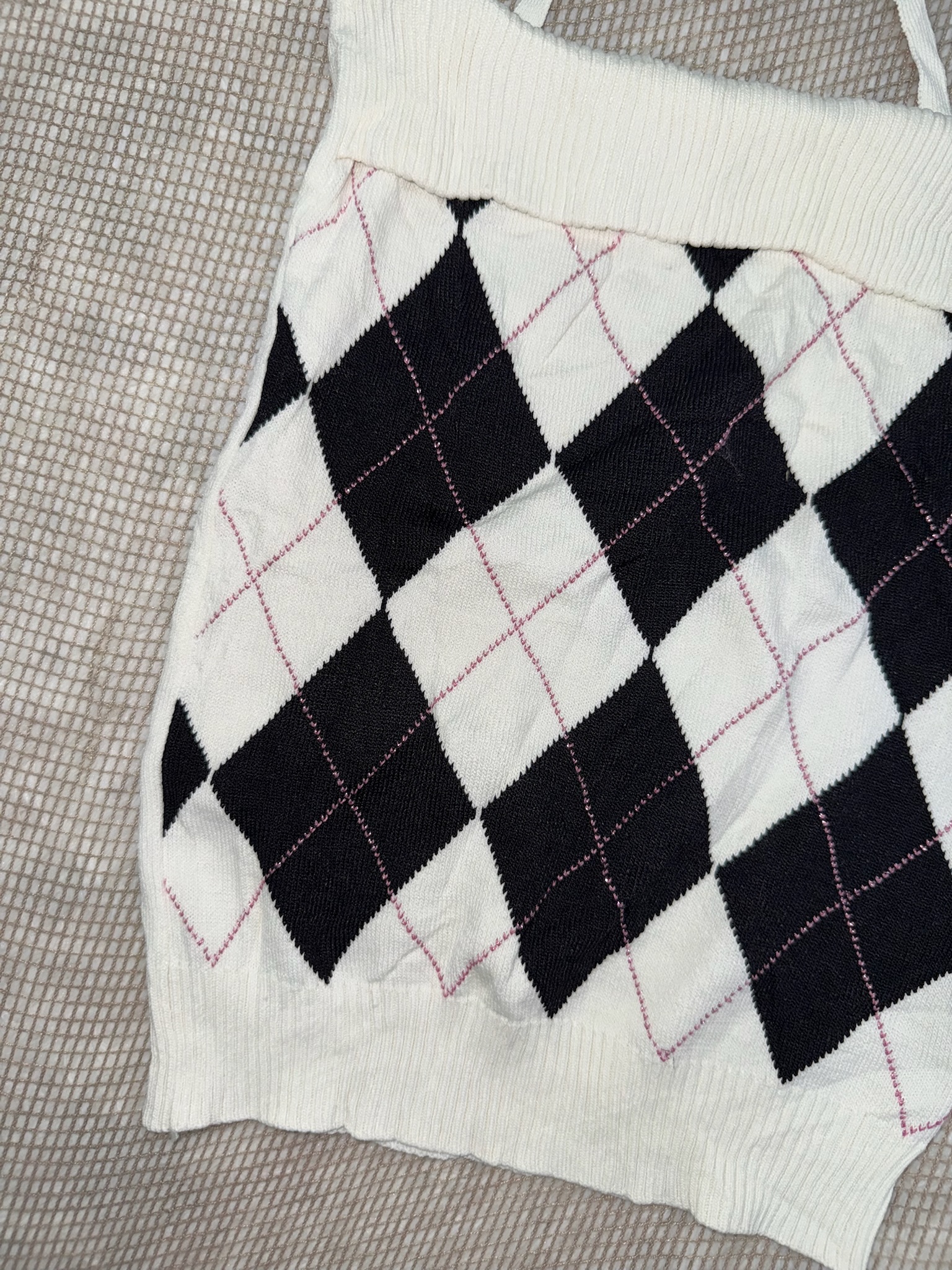 Black & White Argyle Knit Camisole with Fold-Over Neckline and Cross Straps