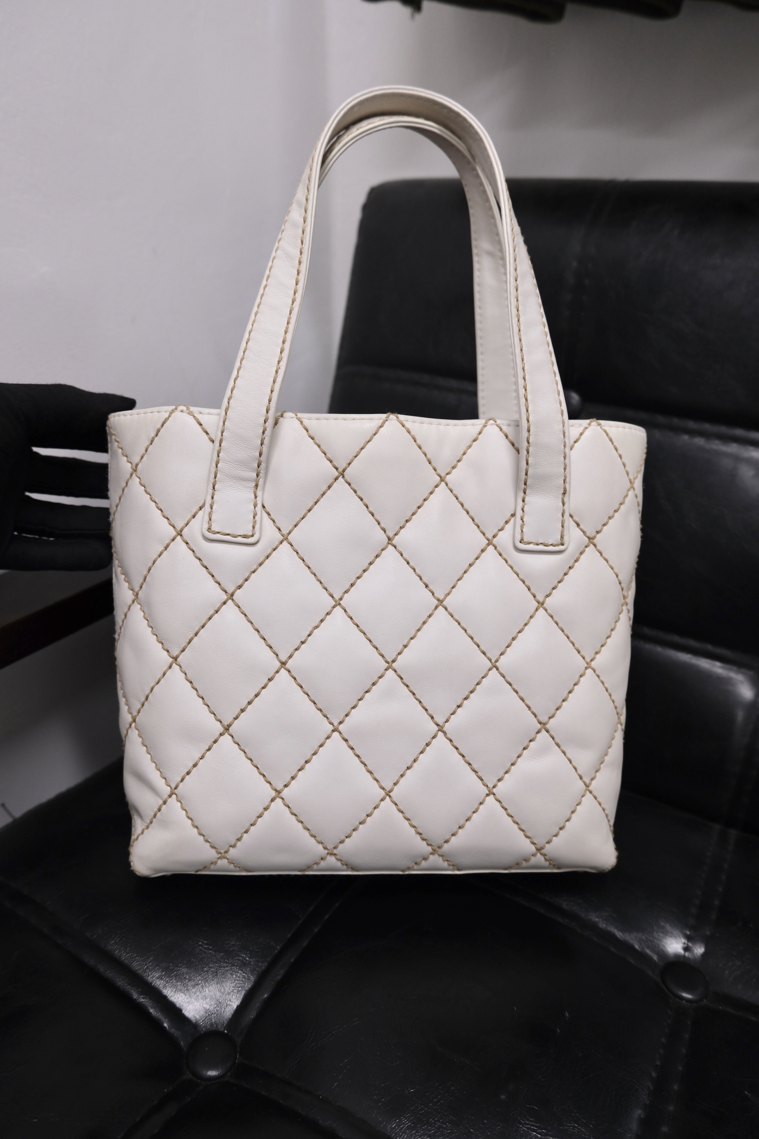 Chanel Wild Stitch Lambskin Tote bag White Gold 
