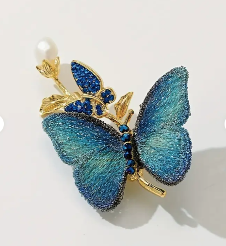 Blue Embroidered Butterfly Brooch Pin