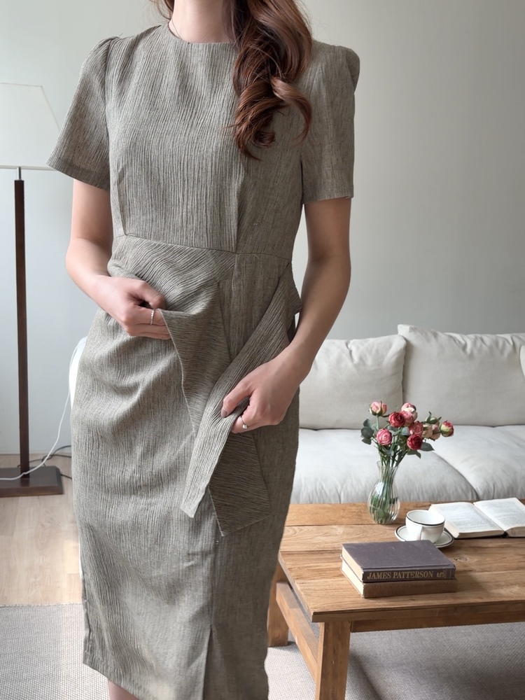 Elise Draped Slit Dress (Khaki)