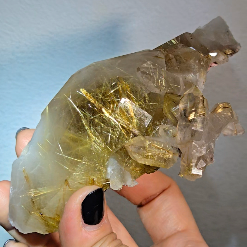 Golden titanium rutiles on black hematite in quartz cluster - RT1443