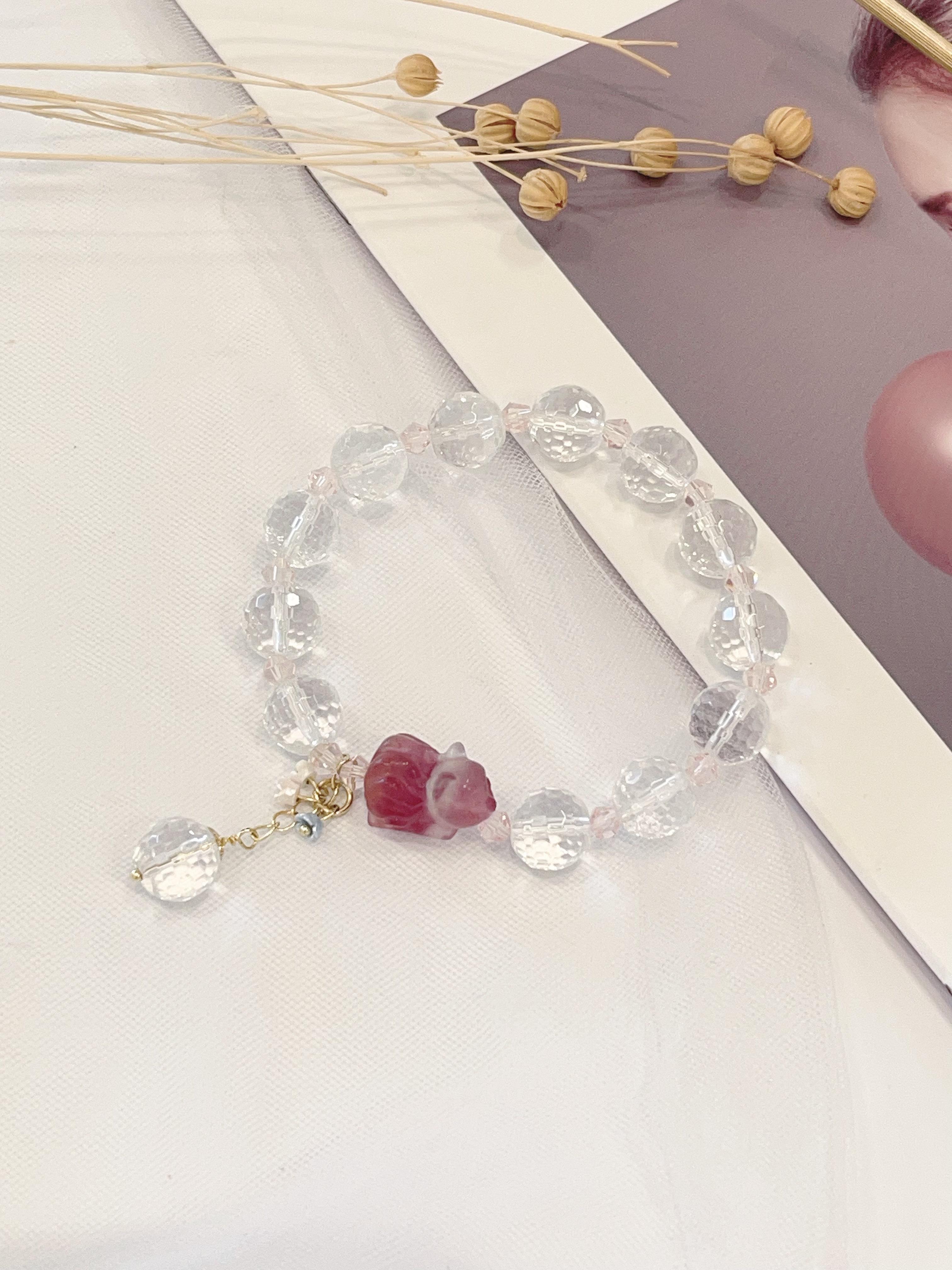 🦊 萤石小狐 × 白水晶手串 Fluorite Fox & Cut Clear Quartz｜10mm