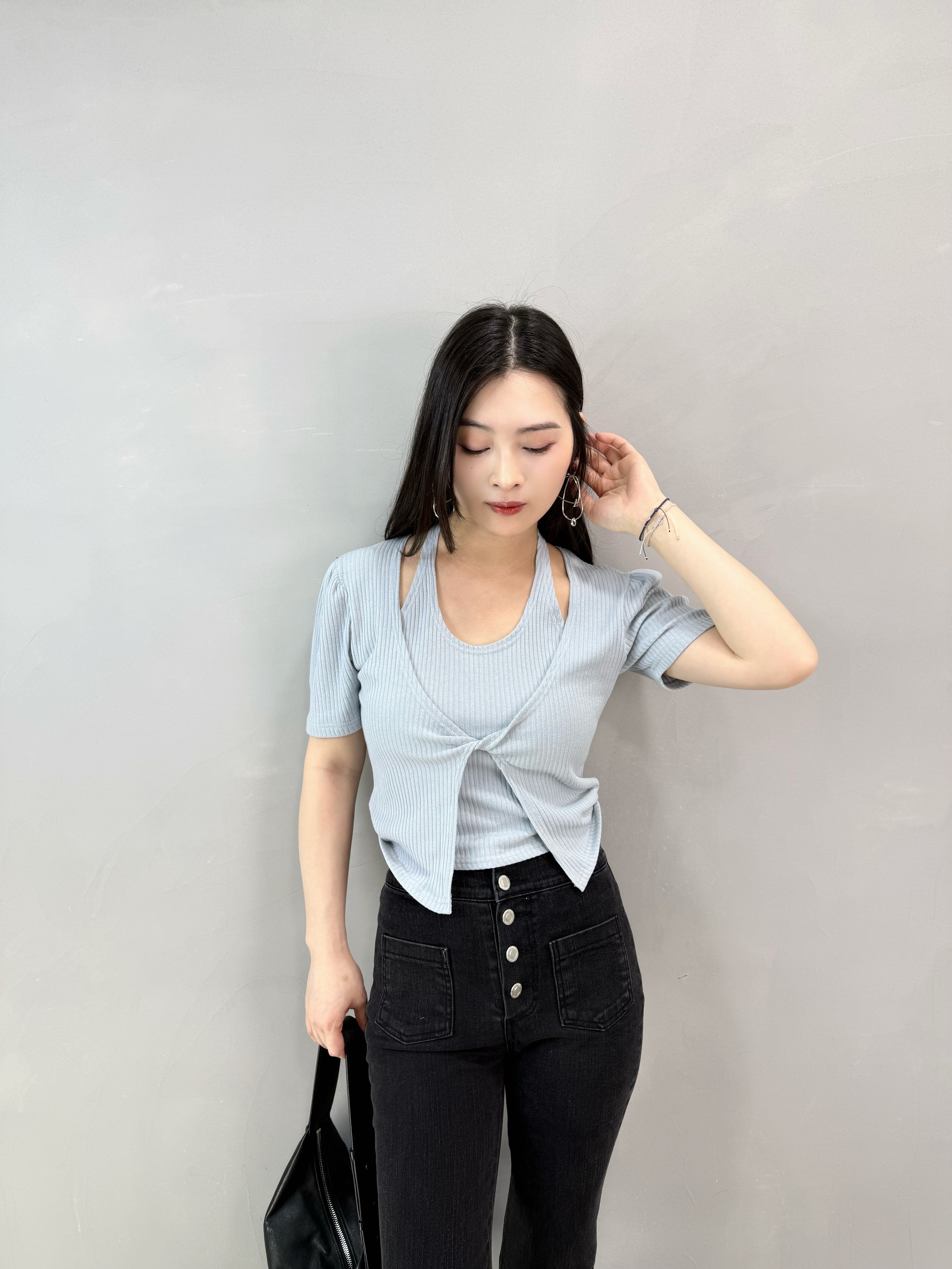 J83 扭結暗紋假兩件Top