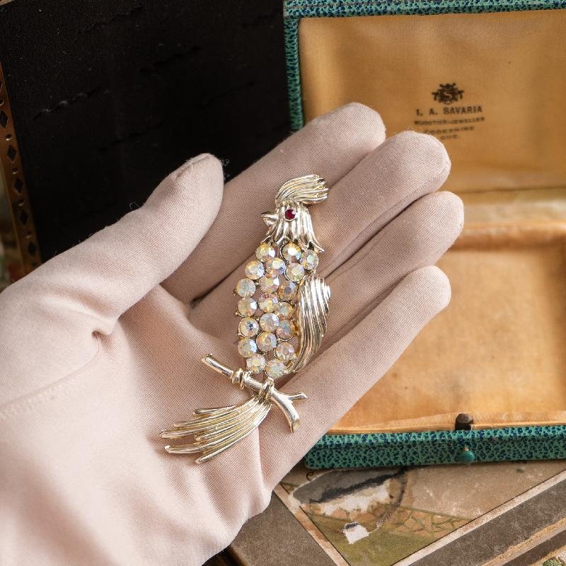RARE! Vintage C.a. 1960s BSK Aurora Borealis cockatoo/ Parrot Bird Brooch (MW165)