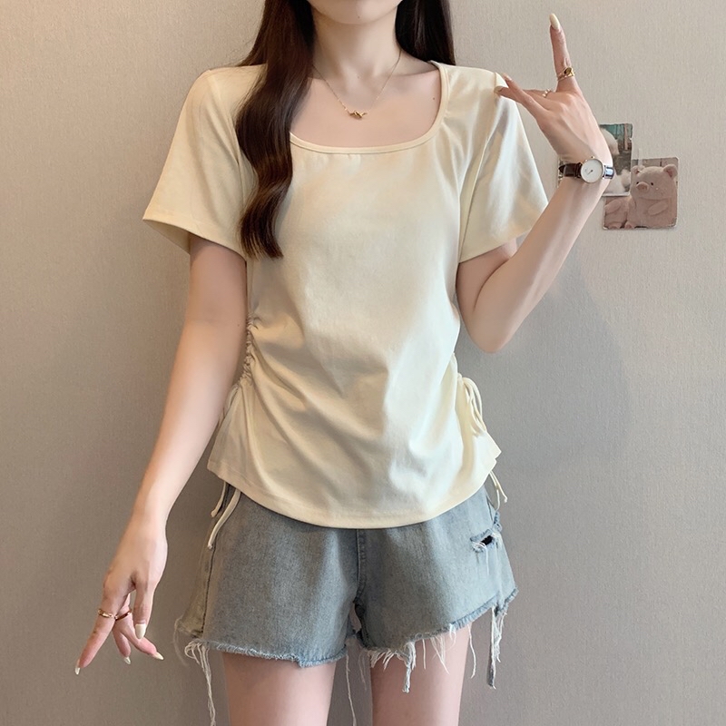 B233(A1868) 韩版休闲风U领双边腰抽绳显瘦4色上衣