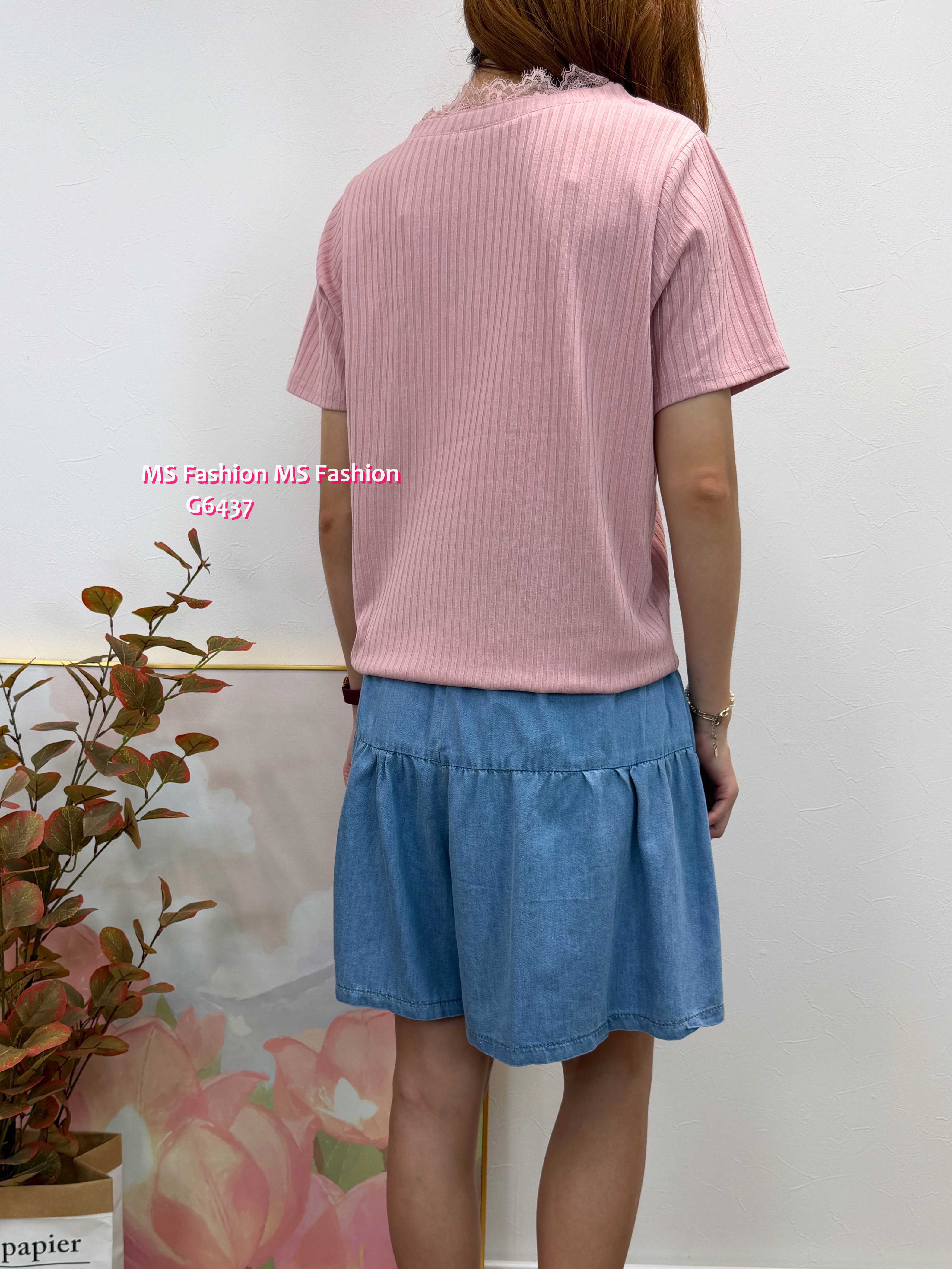 G6437 V領lace暗直紋top