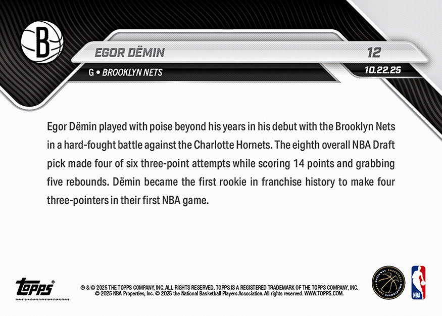 Egor Dëmin RC - 2025-26 NBA Topps NOW® #12 Brooklyn Nets 新人卡｜PR 819