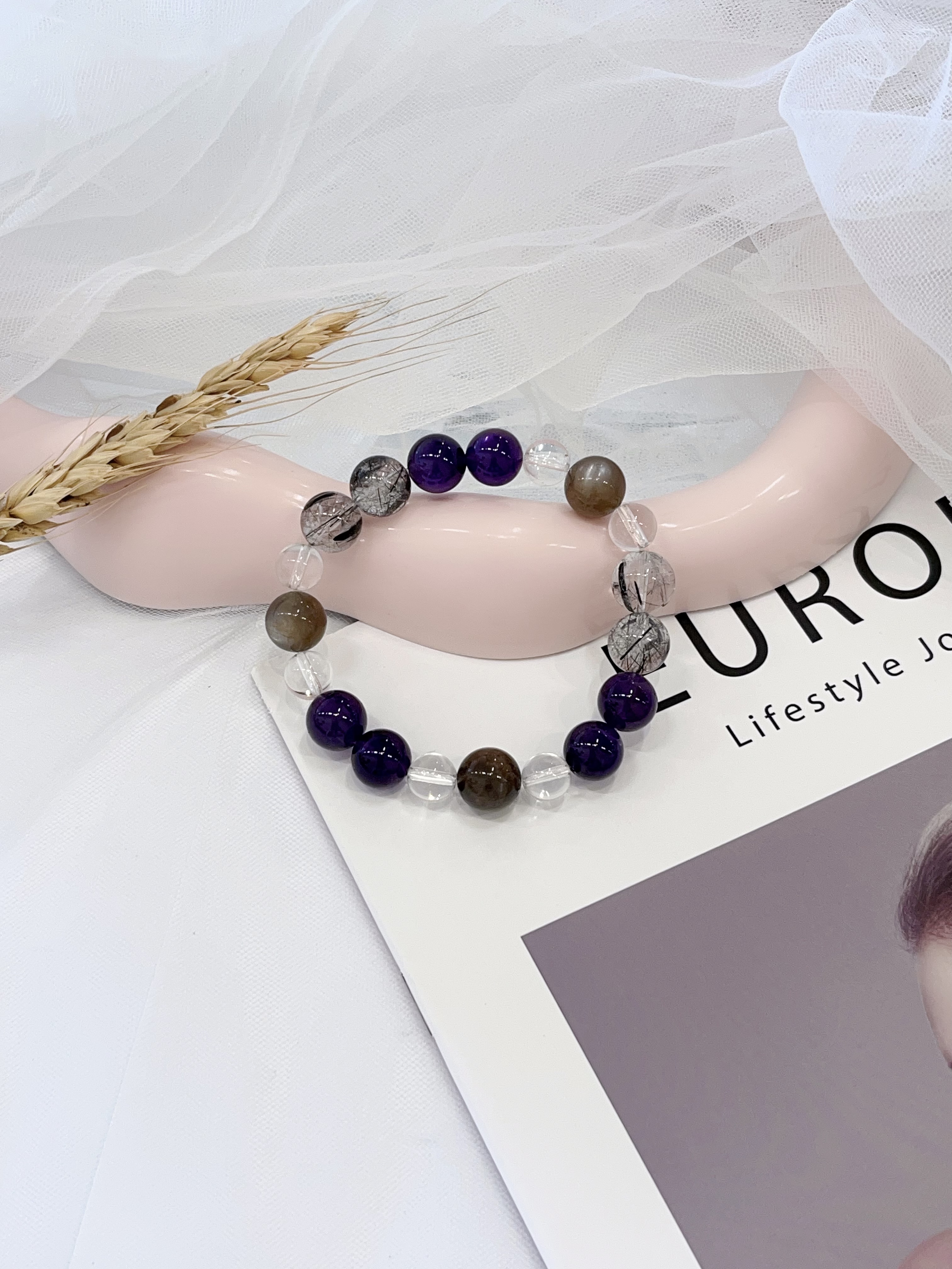 🐇 灰兔毛 × 黑发晶 × 紫水晶 × 白水晶手串 Grey Rabbit Fur Quartz, Black Rutilated Quartz, Amethyst & Clear Quartz