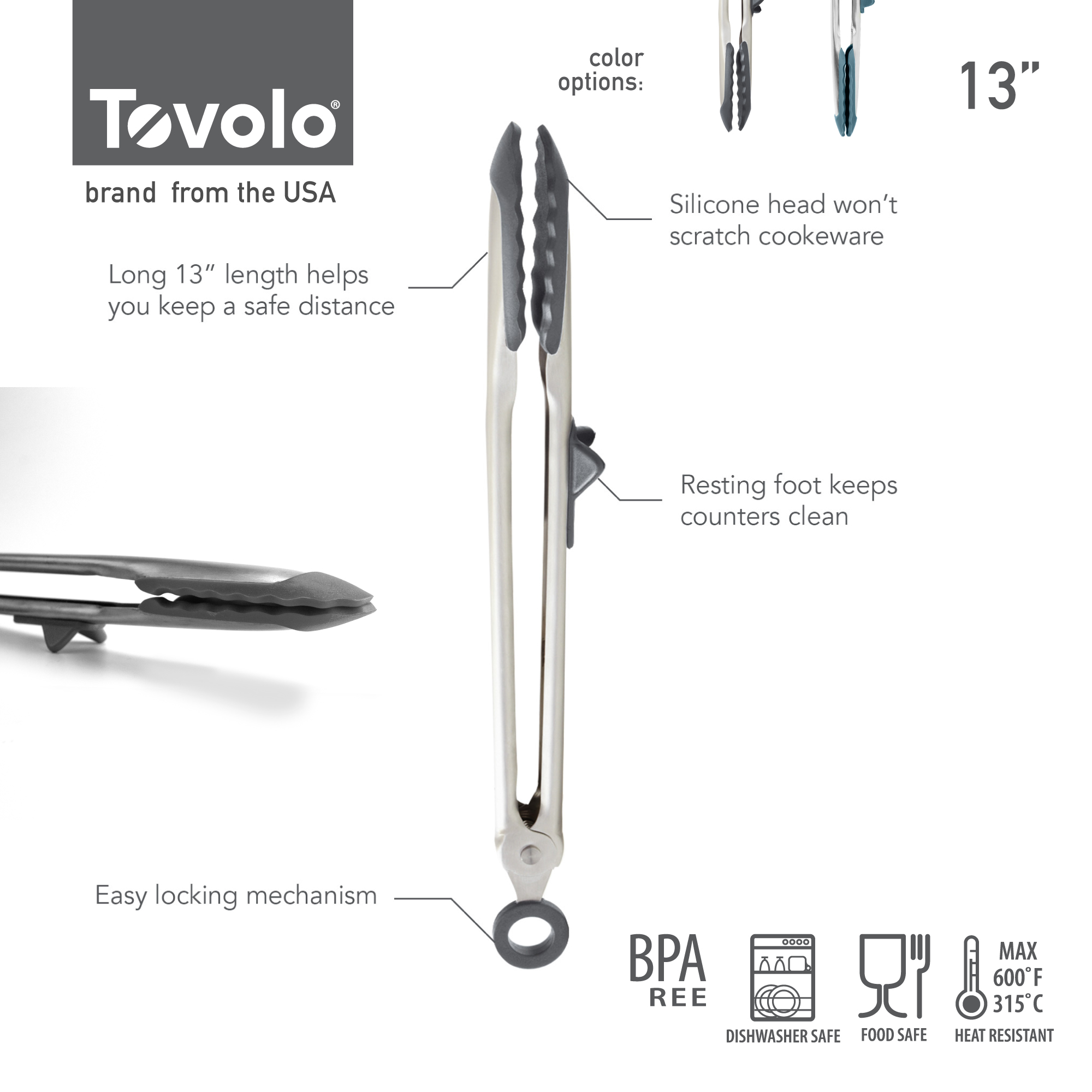 TOVOLO 不銹鋼矽膠食物夾 (深灰 / 灰藍) | TIP TOP TONGS （CHARCOAL  GREY / SLATE GREY)