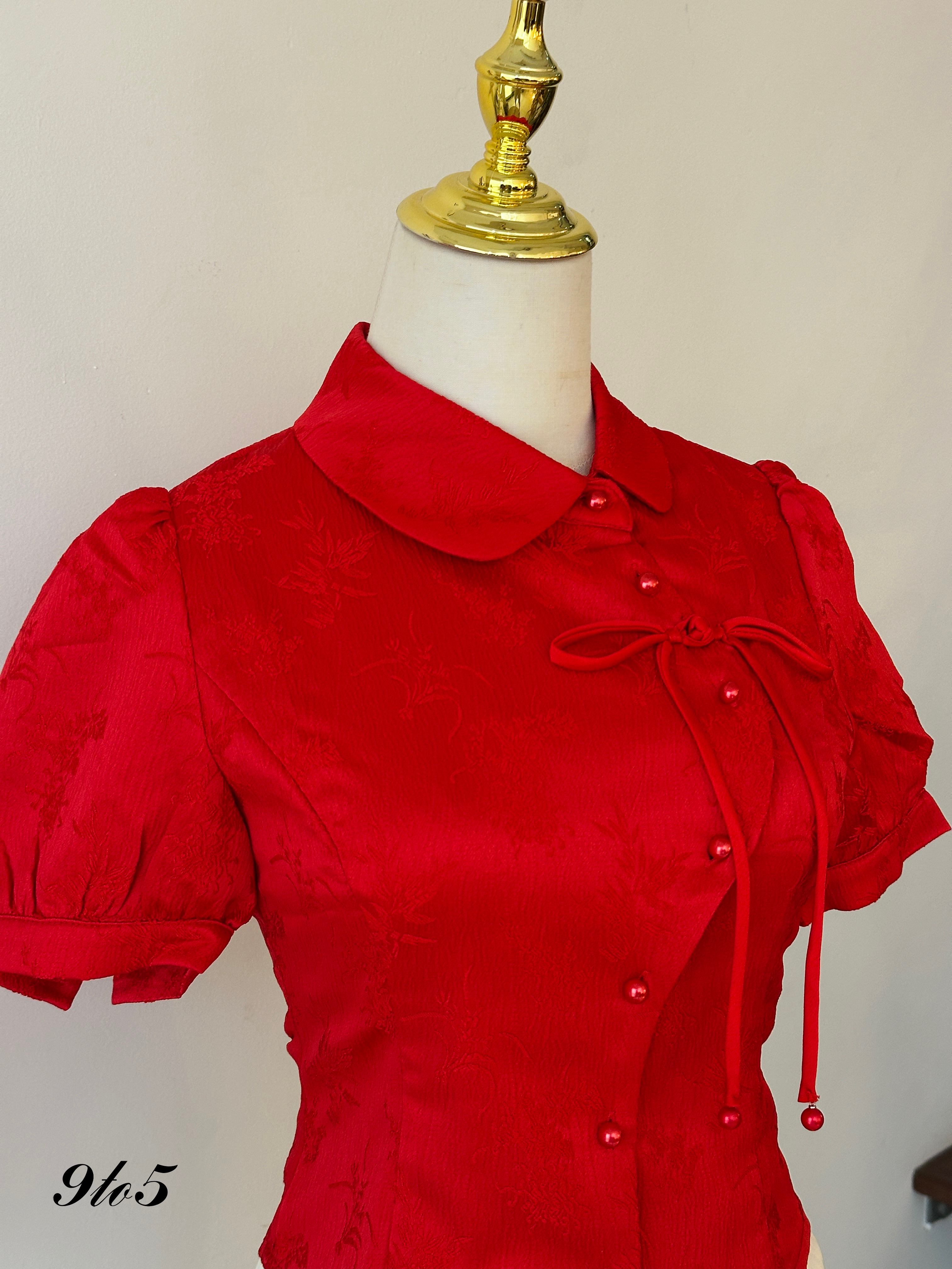 T3955 Puff Sleeve Cheongsam Top - 3 Colors