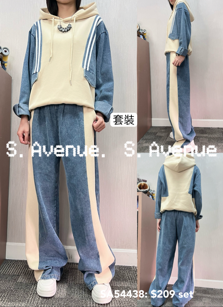 SA54438: 長袖有帽側拼牛仔衞衣配拼牛仔長褲套裝