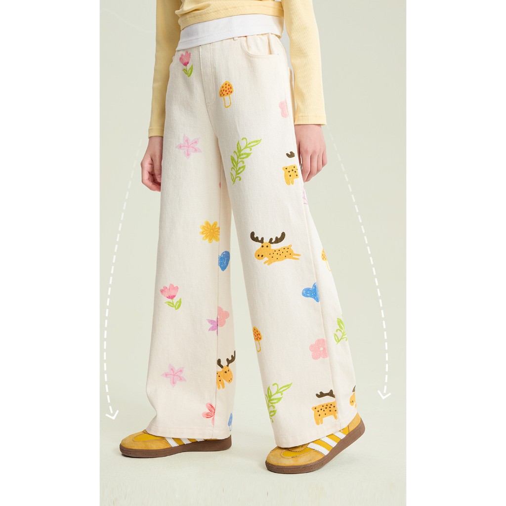 $138條。2條起$128條。(中大童款至170cm)🌼🦌 暖暖公主 可愛森林印花闊腳褲 🦌🌼