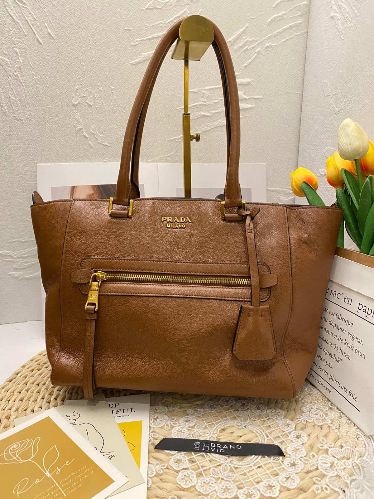 Prada Daino Leather Tote Bag (Cognac)
