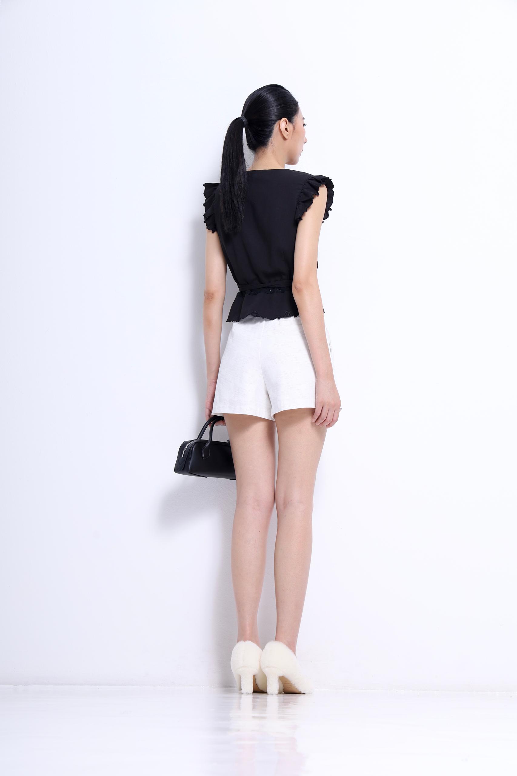 CB2758 Embroidered Ruffle Sleeve Waist-Tie Blouse