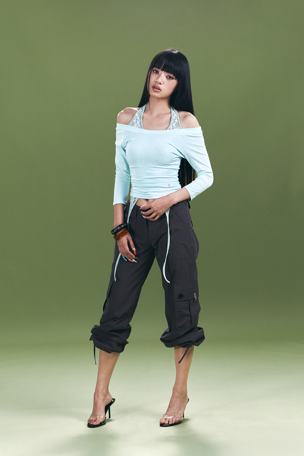 pleaseNOFOLLOW - Zed Off-Shoulder Long Sleeve Top (Mint)