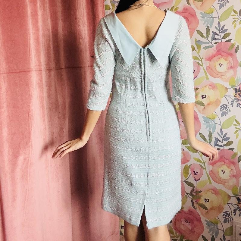 Rare! 1950s Powder Blue Wool Dress with Sparkly Belt Buckle and Satin Trim (MT1938)