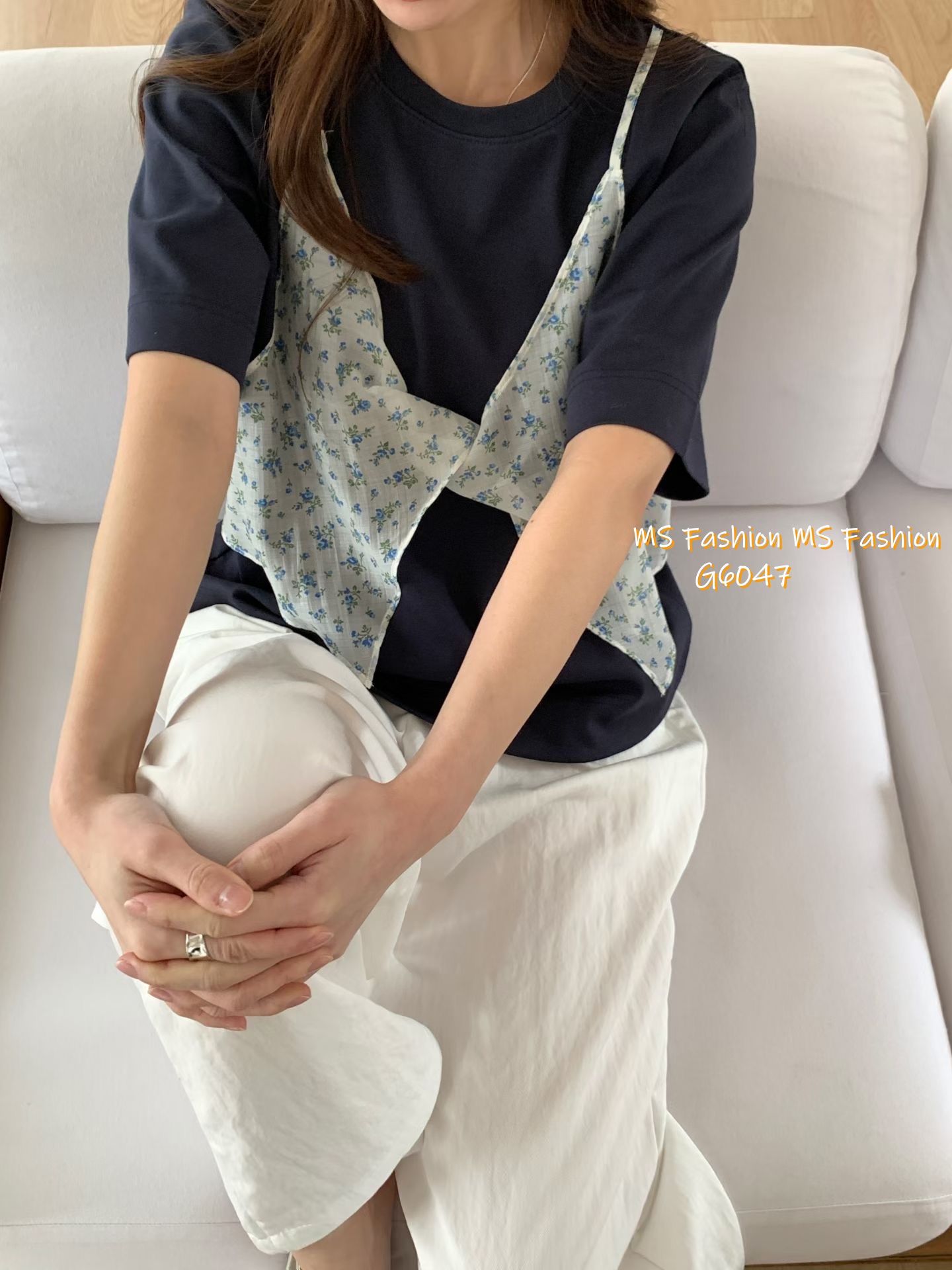 G6047 韓國🇰🇷假兩件拼碎花布top