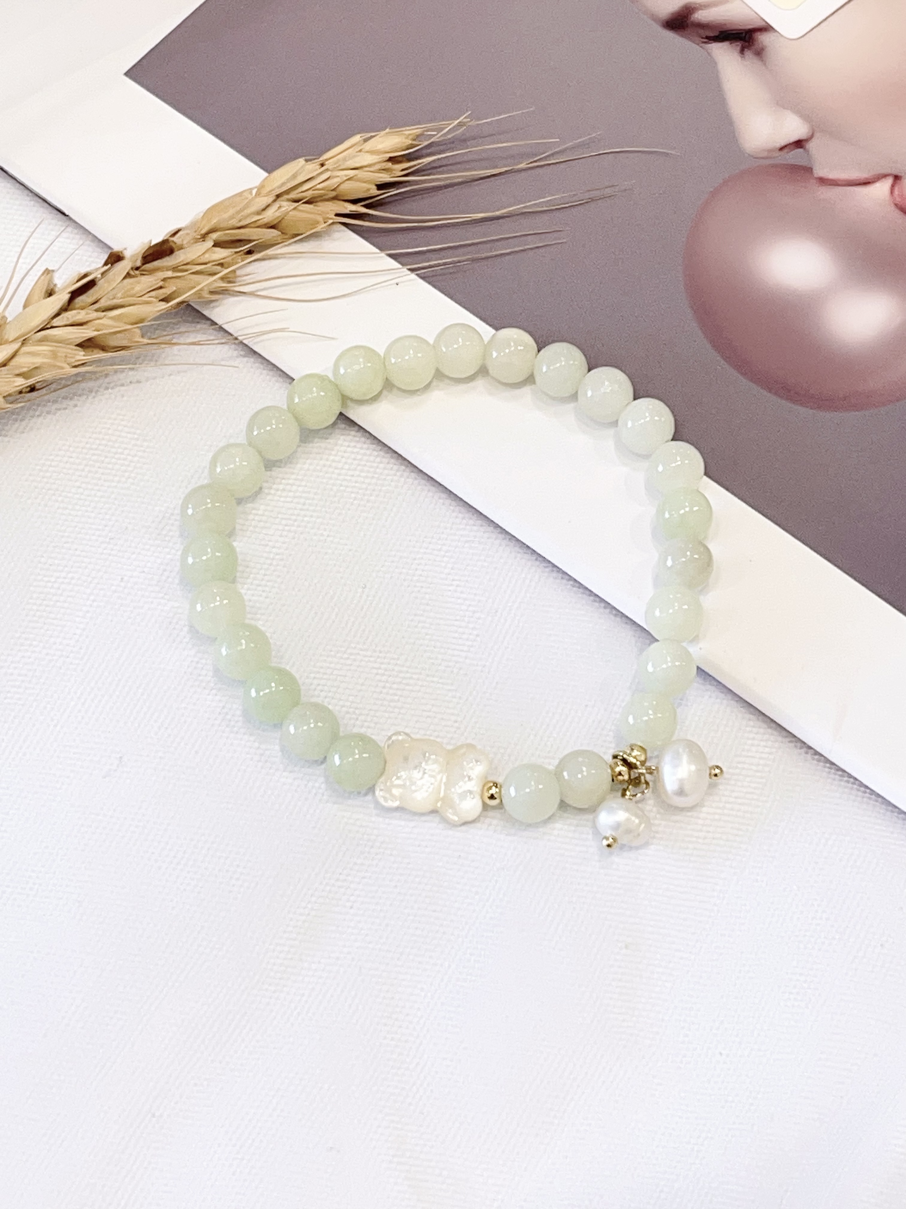 💚 奶盖葡萄石 × 淡水珍珠 Prehnite & Freshwater Pearl | 6mm