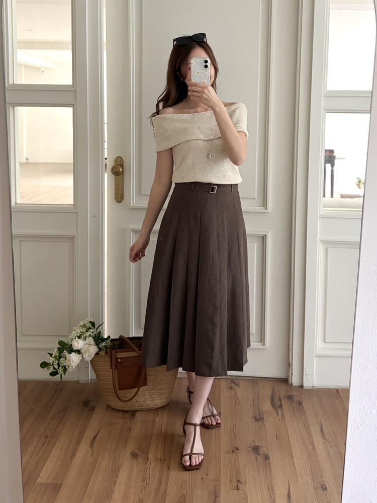 Linen Blend Pleated Skirt (Brown)