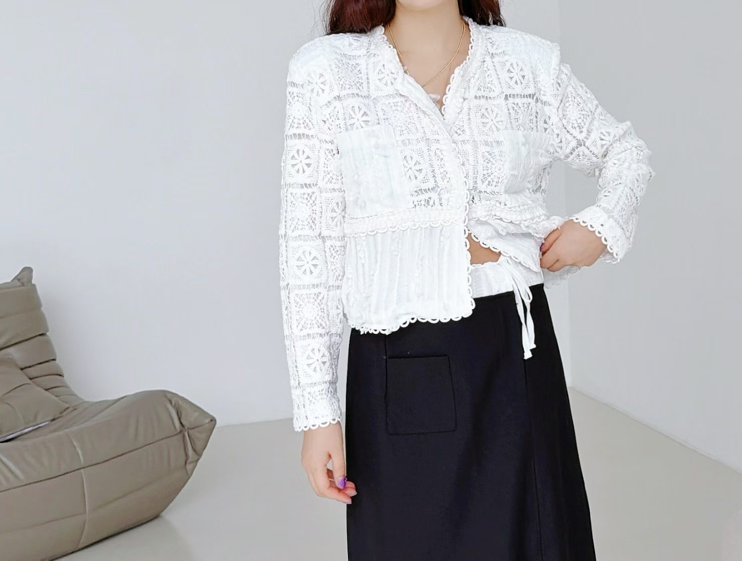 EC14 法式雙袋小香風勾花Cardigan