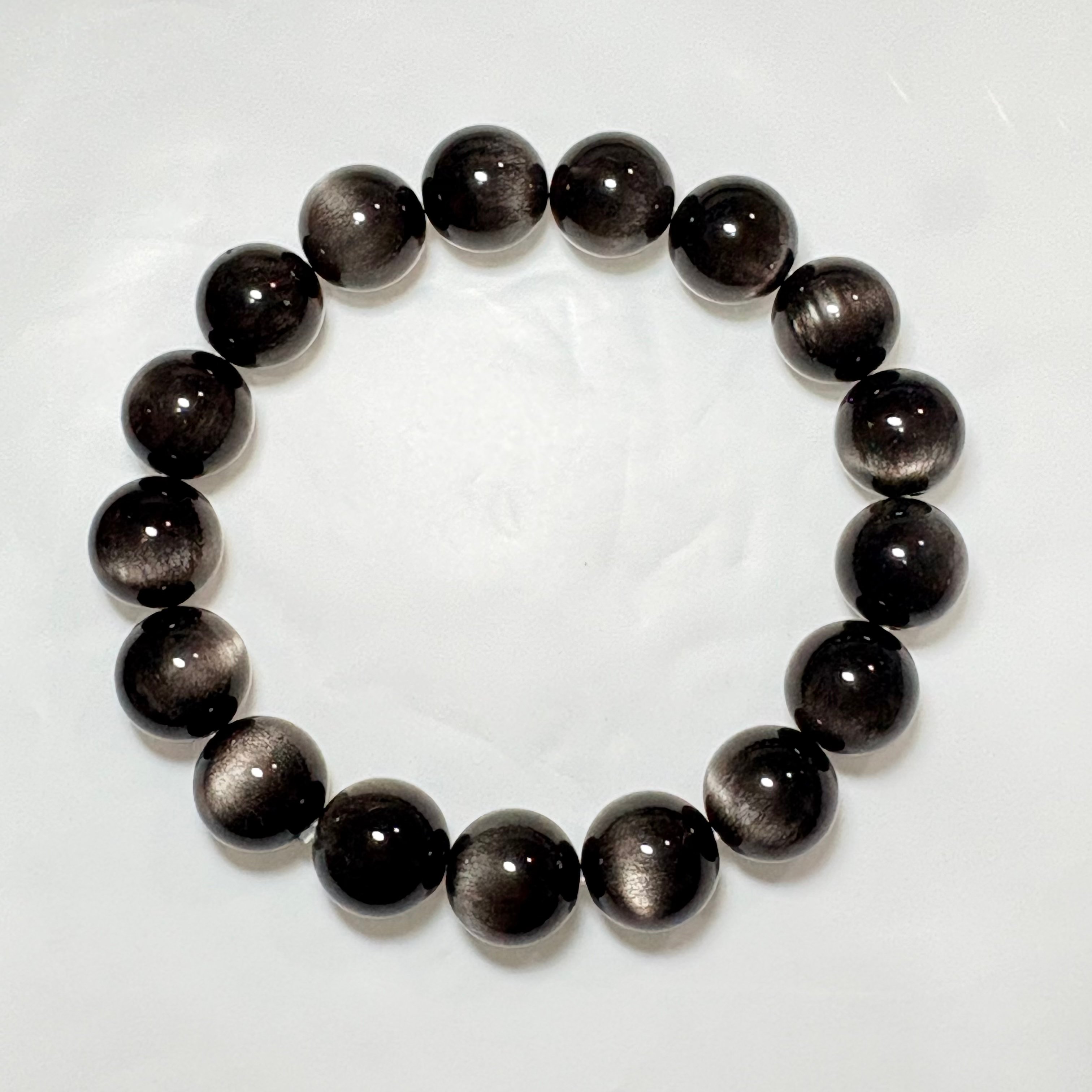 【擋煞】銀黑曜石手串No.4593丨精品猫眼級✨丨12mm珠16.5-17cm手圍