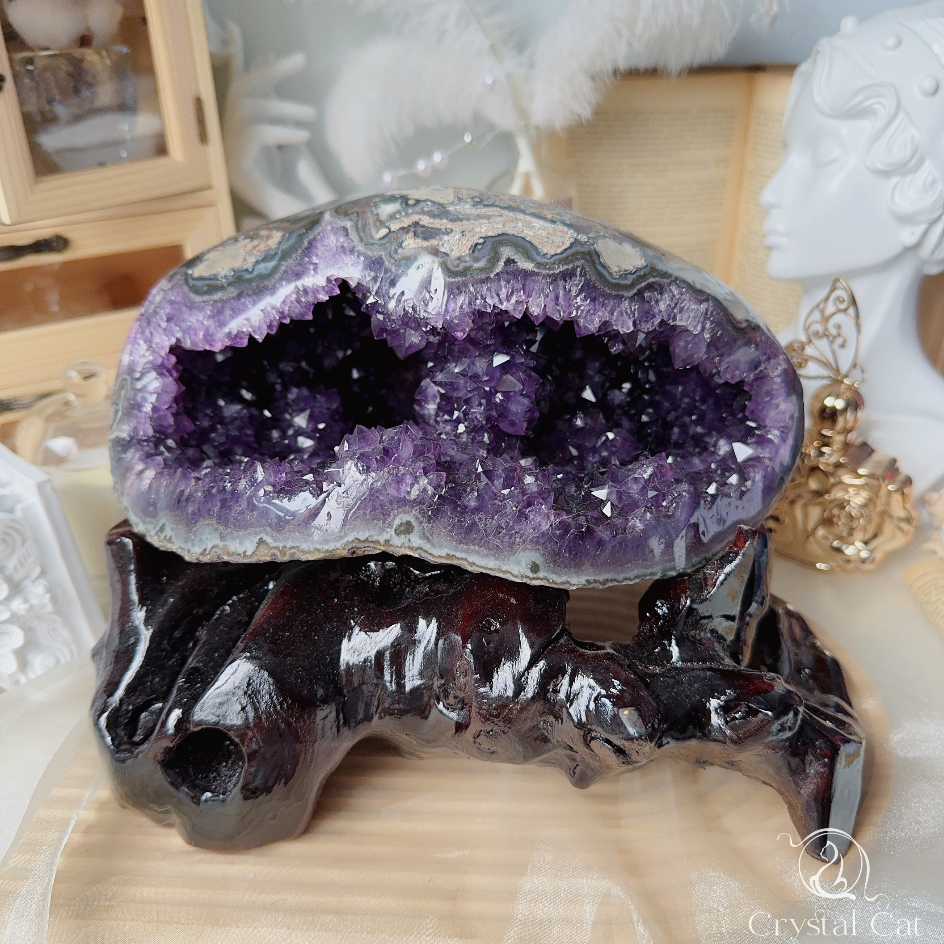 原皮雙洞紫水晶錢袋子共生方解石（包底座） | Crystal Cat