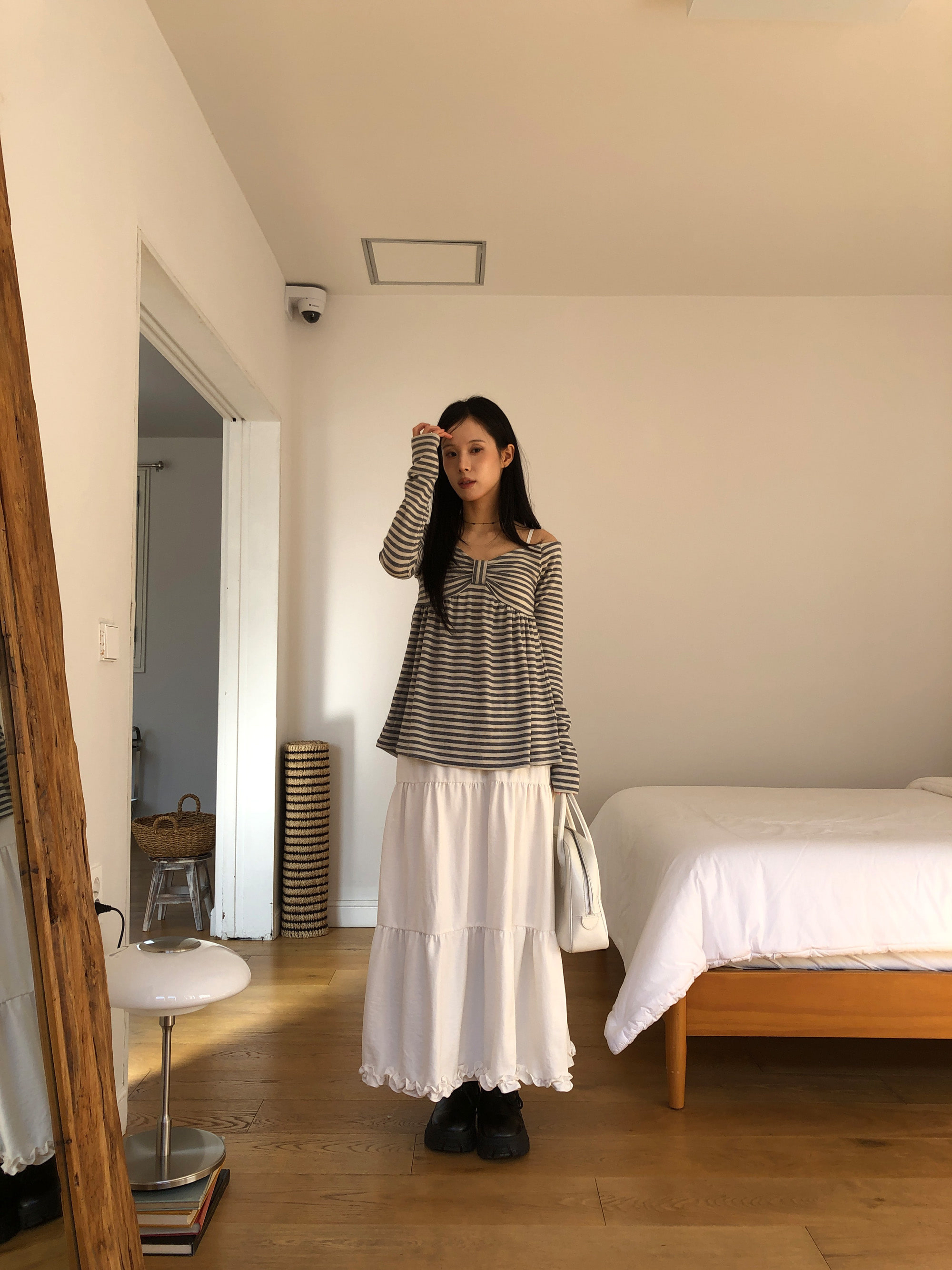 Striped Bow Ruched Long Sleeve