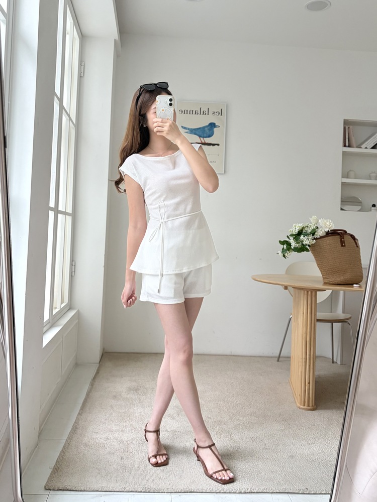 Elysian Boat Neck Belted Set (White)