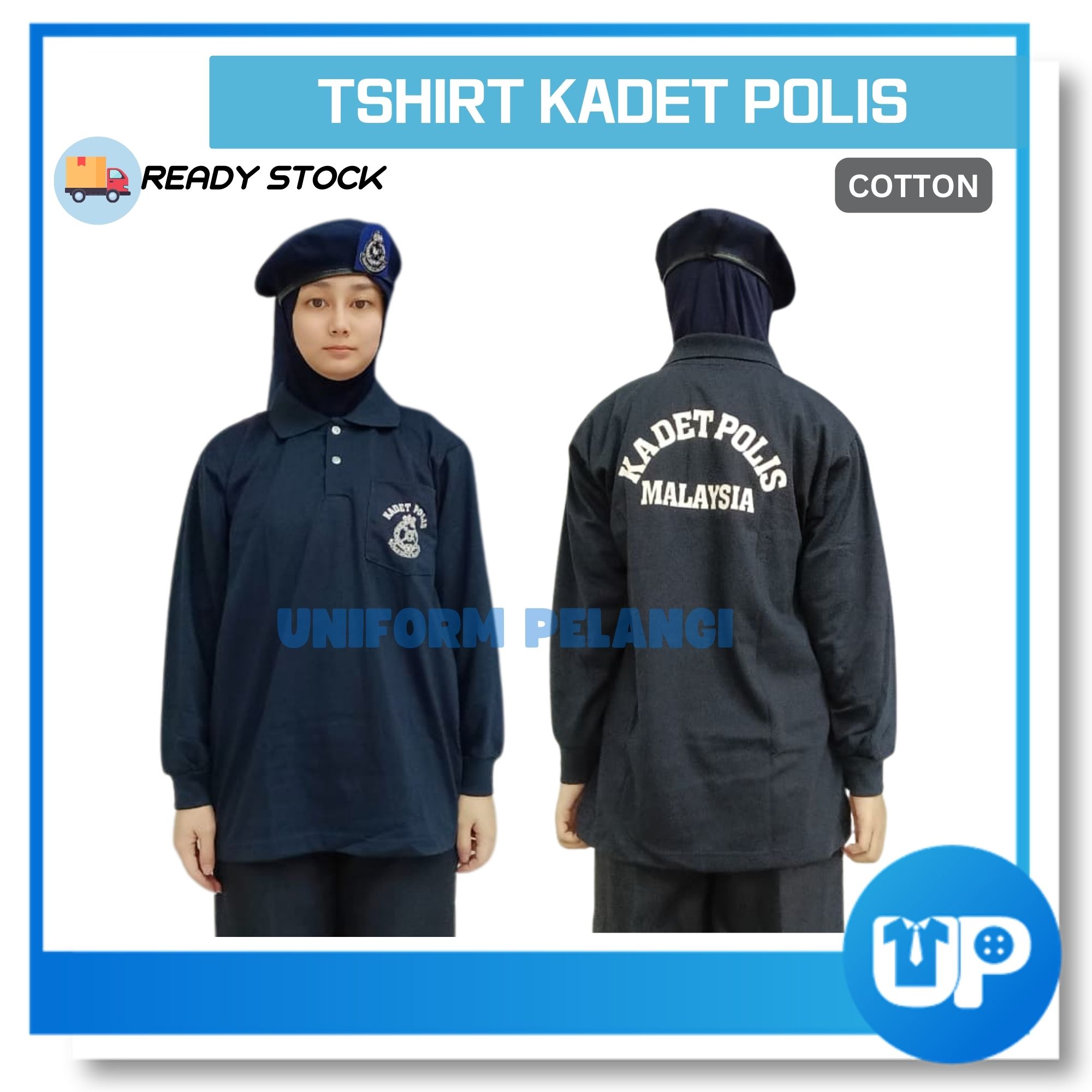 Baju Tshirt Kadet Polis Lengan Panjang Berkolar Biru Tua Kokurikulum Cadet Police Collar School Cotton Uniform Pelangi