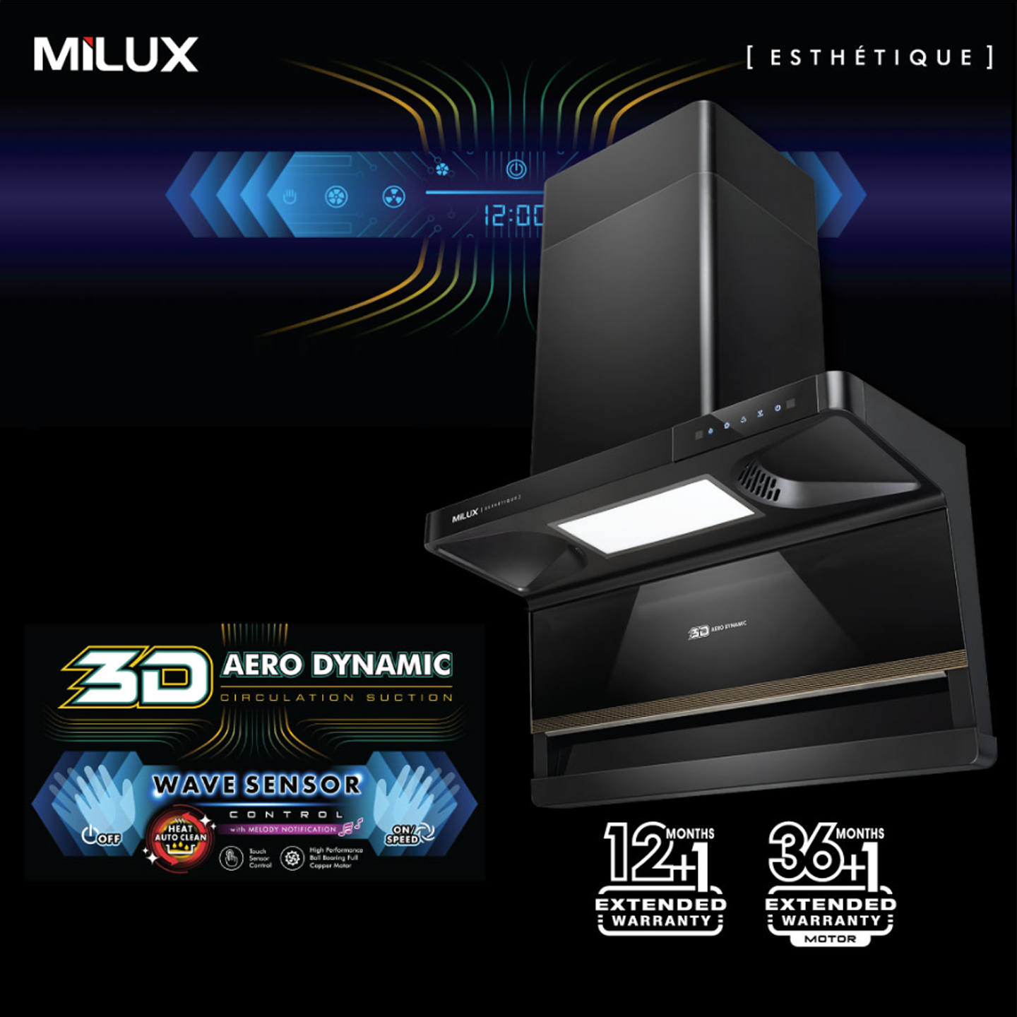 Milux 1500m³/hr Heat Auto Clean Chimney Hood (MHC-S9399)