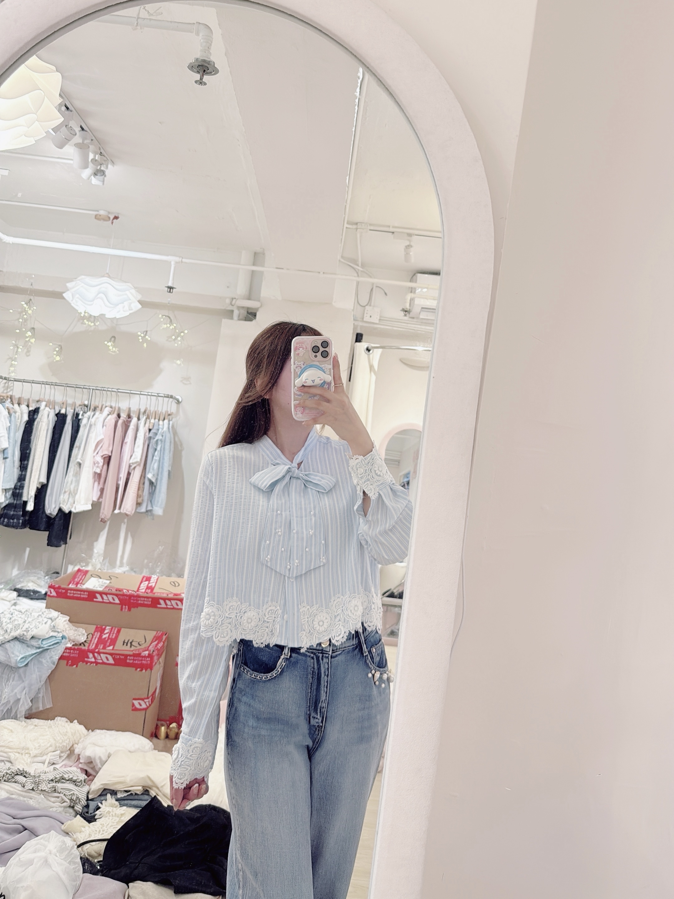 Striped Lace Blouse with Pearl Bow