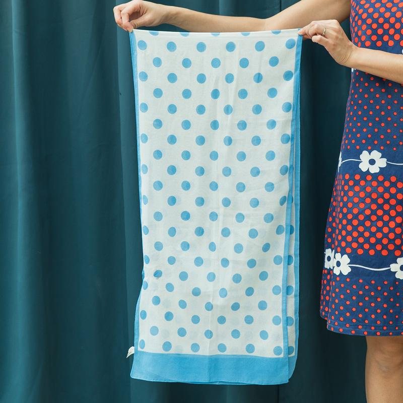 Vintage C.a. 1960s Baby Blue Polka Dot x White Long Neck/Head Scarf from Germany(NA0801)