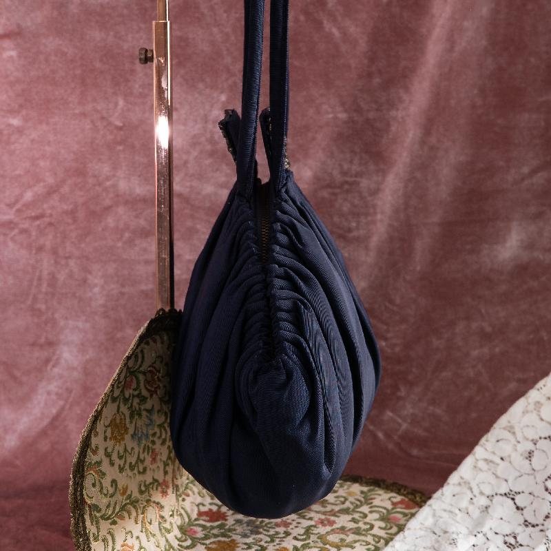 Rare! C.a. 1930-1940s Suzanne Rose Embellished Hand Sewn Zipped Blue Fabric Purse Bag from America with Apricot Lining(ZA193)