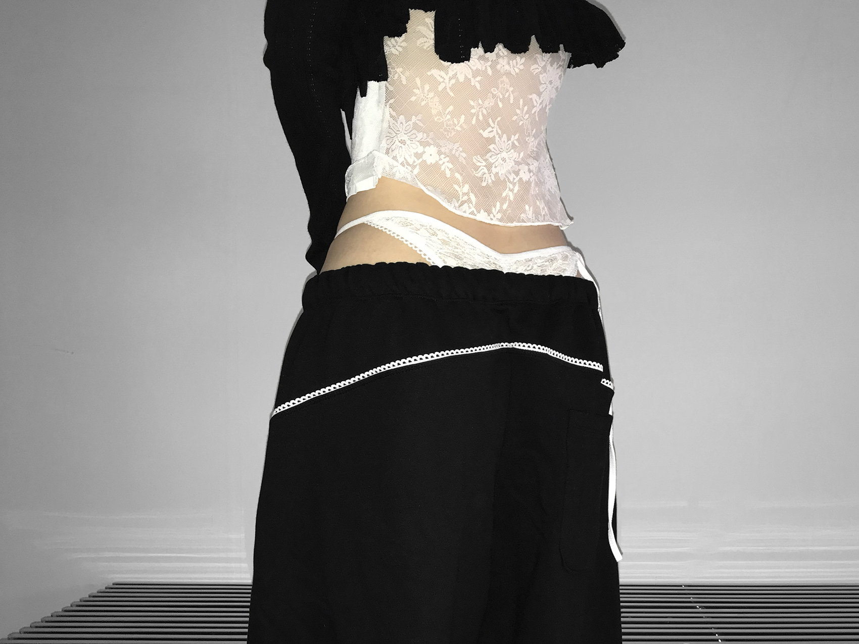 Layered Lace Waist Graphic Wide Leg Pants