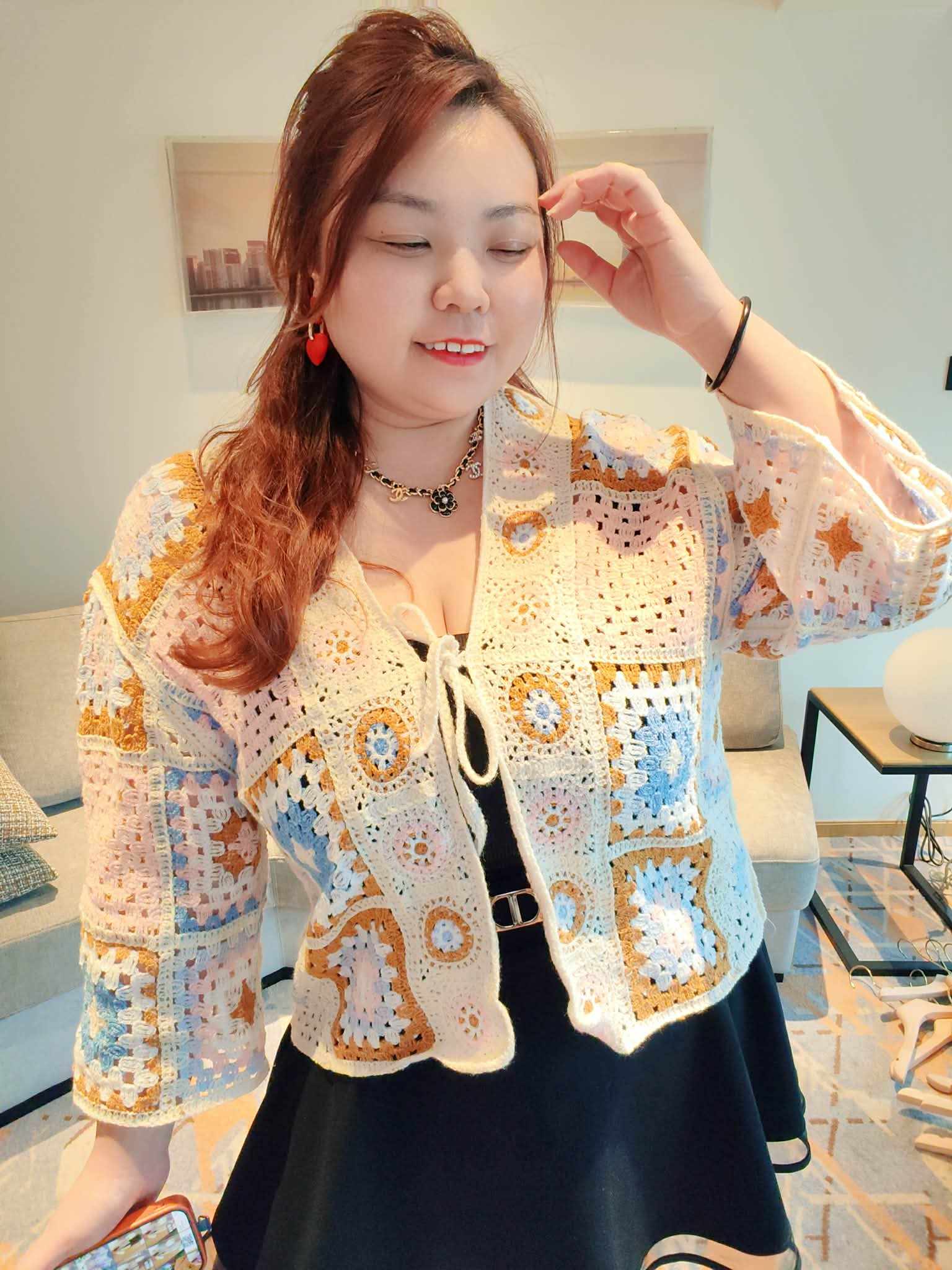 YCG07 735 波希米亚钩花镂空针织开衫外套