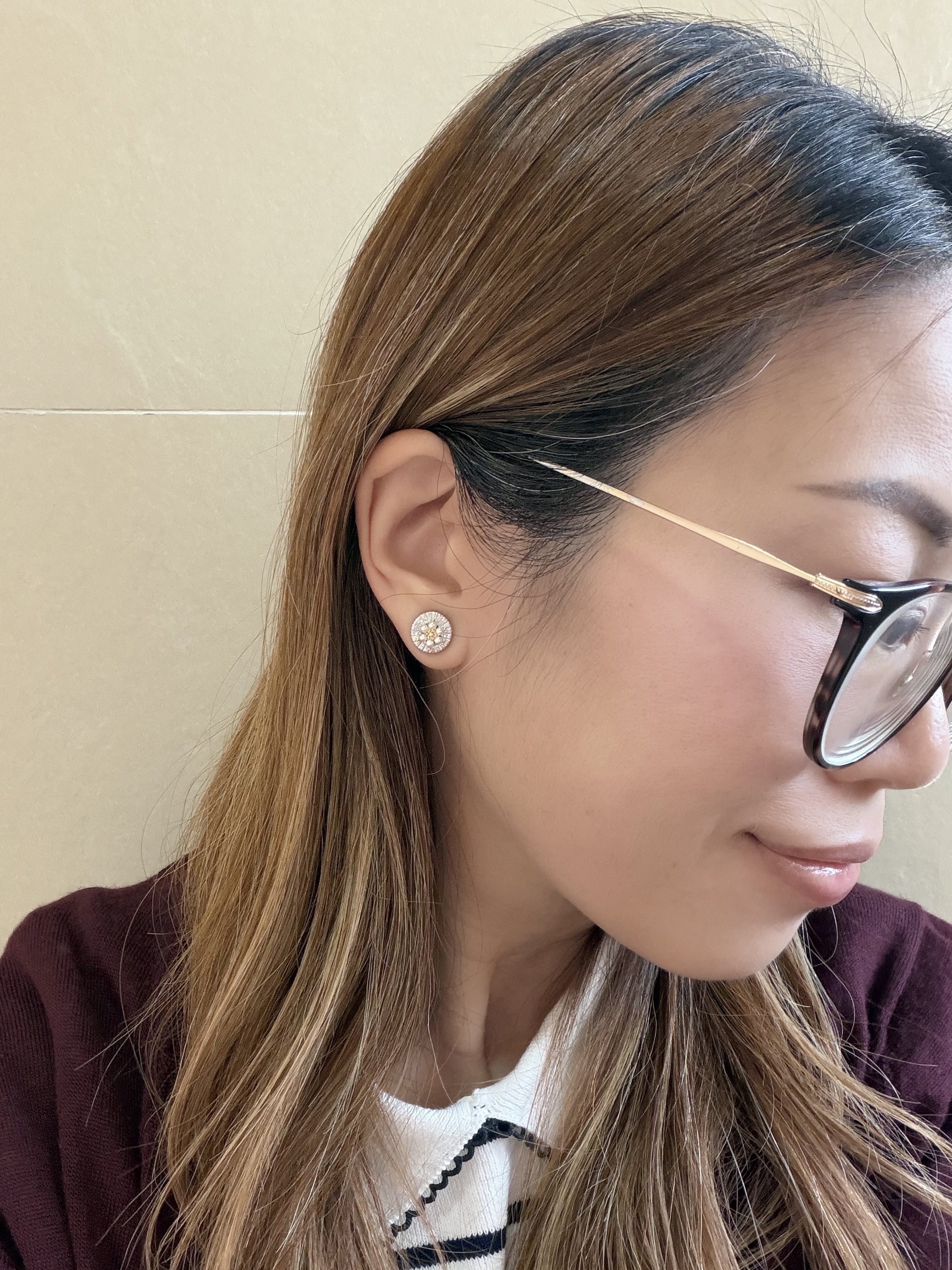 英國金屬壓花RUFFLE裙邊鈕扣耳環/銀色珍珠小花