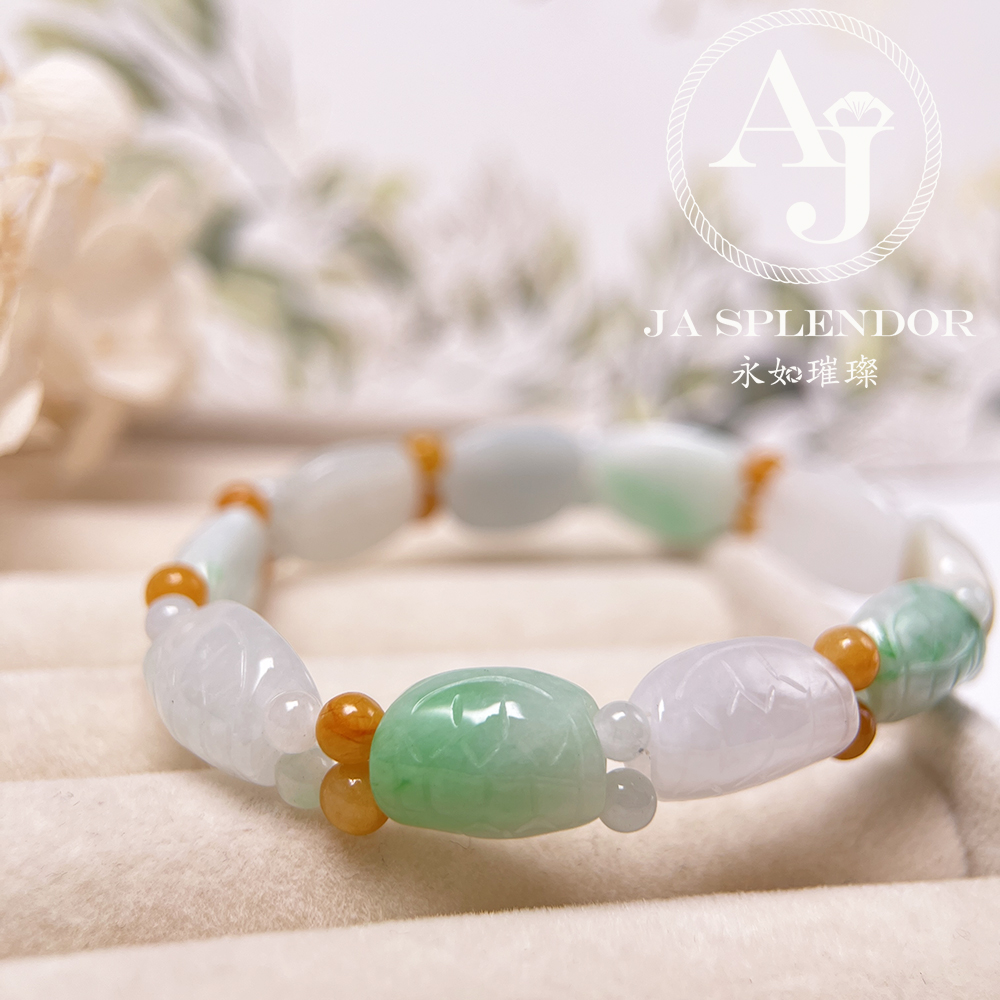 OF-06-C 天然翡翠A玉 - 冰潤三彩長壽吉祥龜貝手串