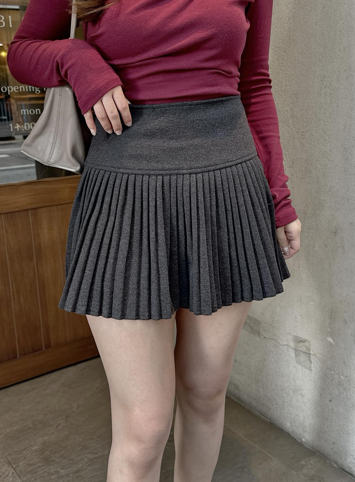 【高貴氣質】 薄絨毛高腰百褶裙 灰色